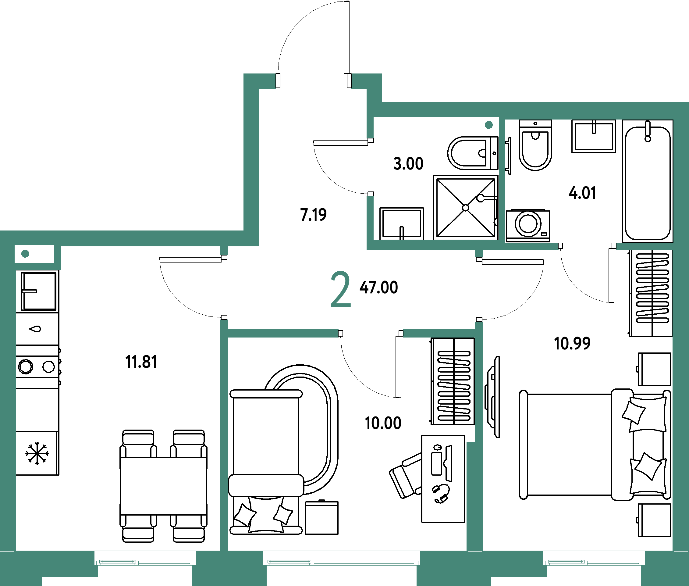 ЖК "Домашний"-2-комнатная 47 м²