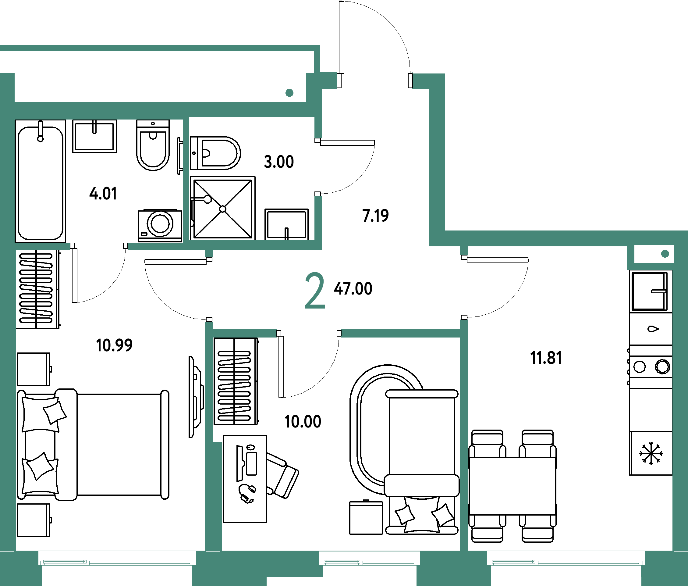 ЖК "Домашний"-2-комнатная 47 м²