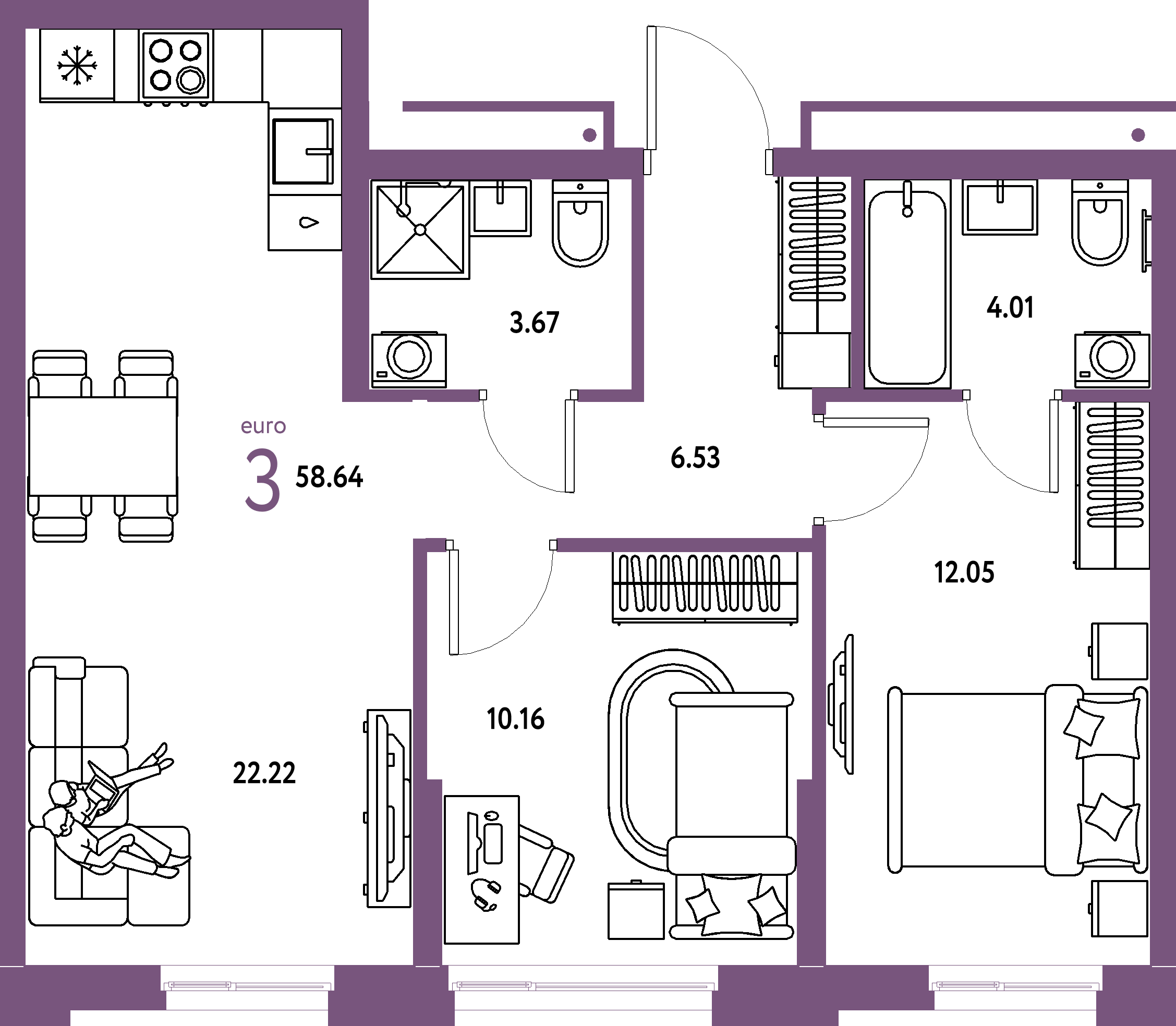 ЖК "Домашний"-3-комнатная 58.64 м²