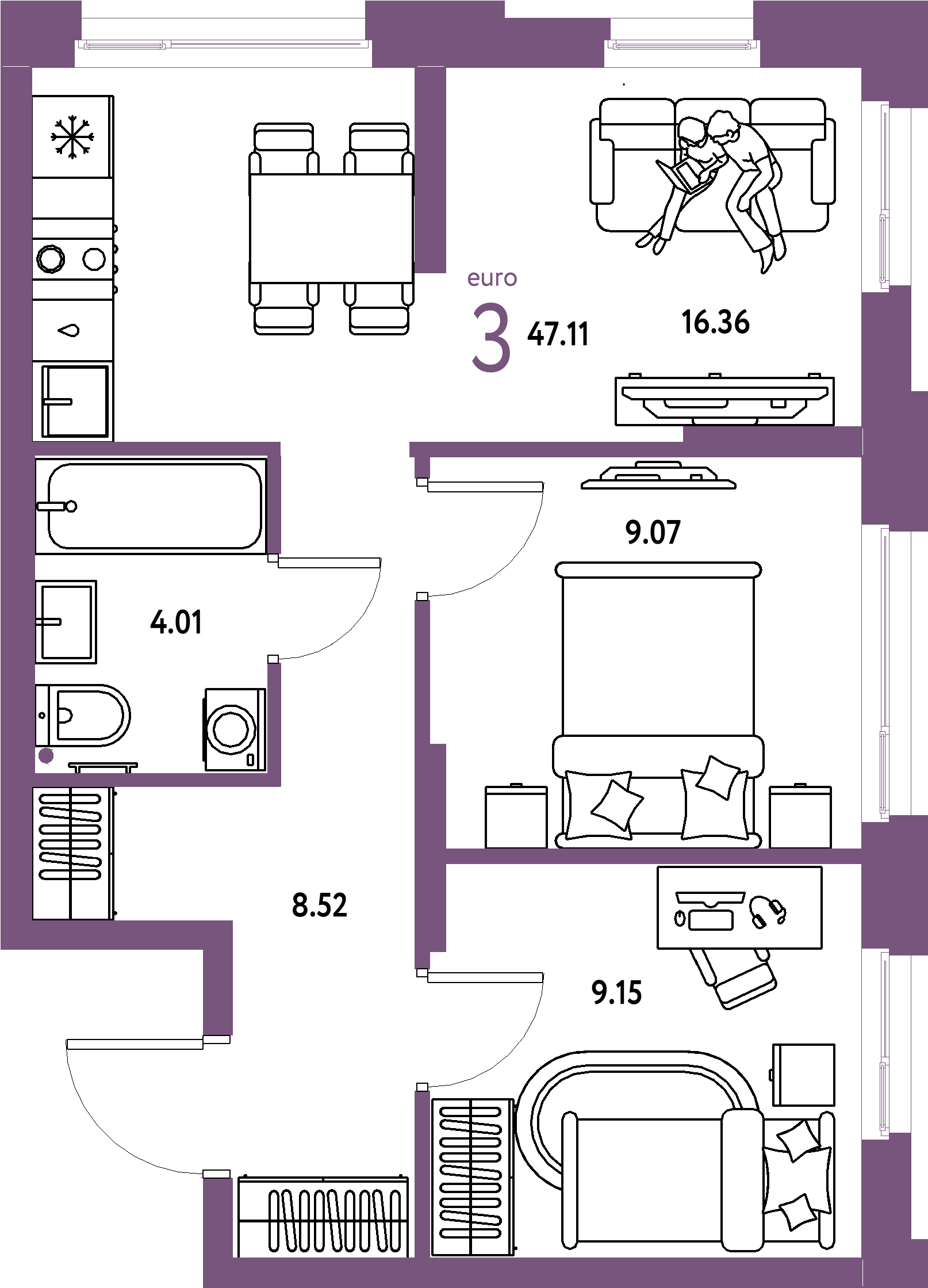 ЖК "Домашний"-3-комнатная 47.11 м²