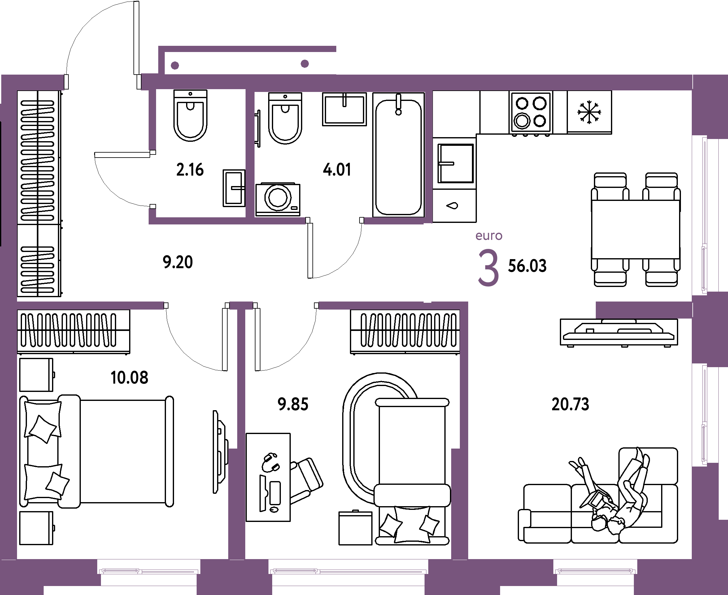 ЖК "Домашний"-3-комнатная 56.03 м²