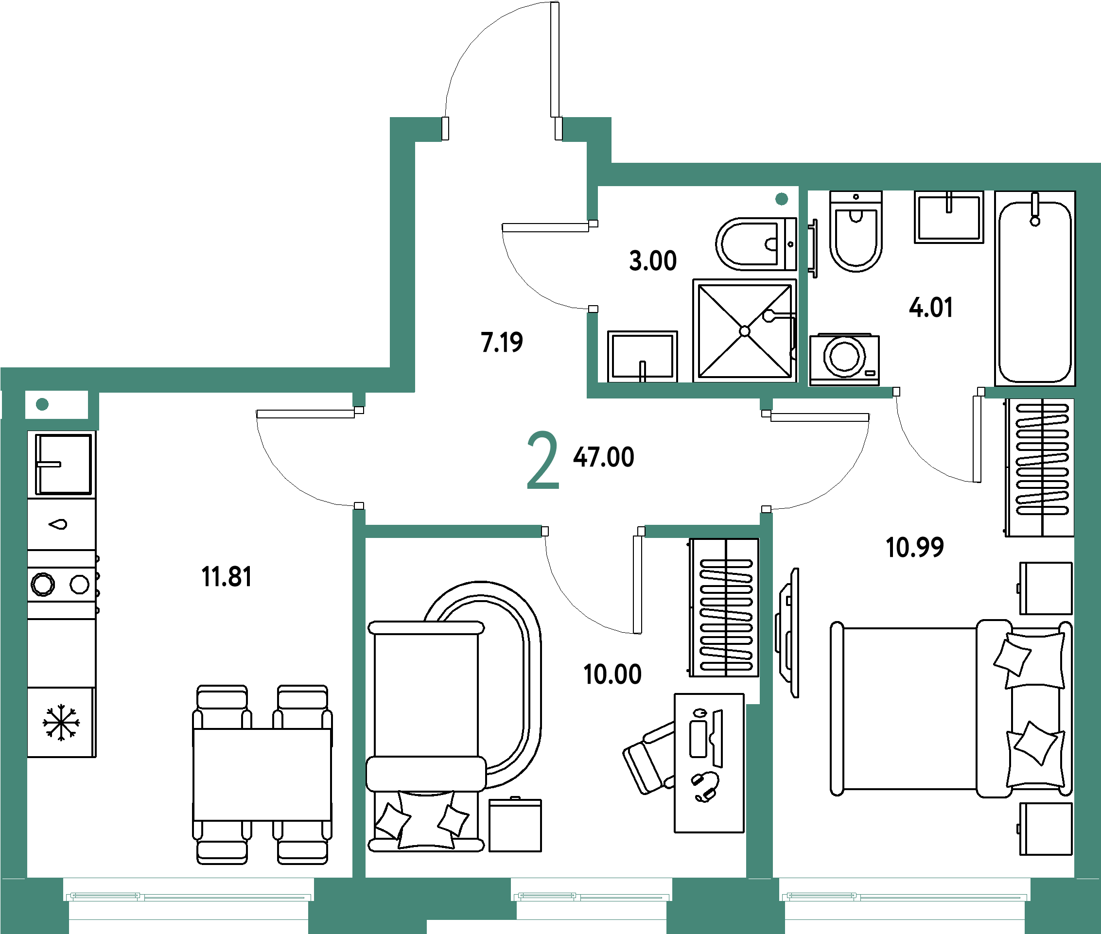 Купить 2-комнатную квартиру 47м², этаж №6 кв №45 в ЖК 