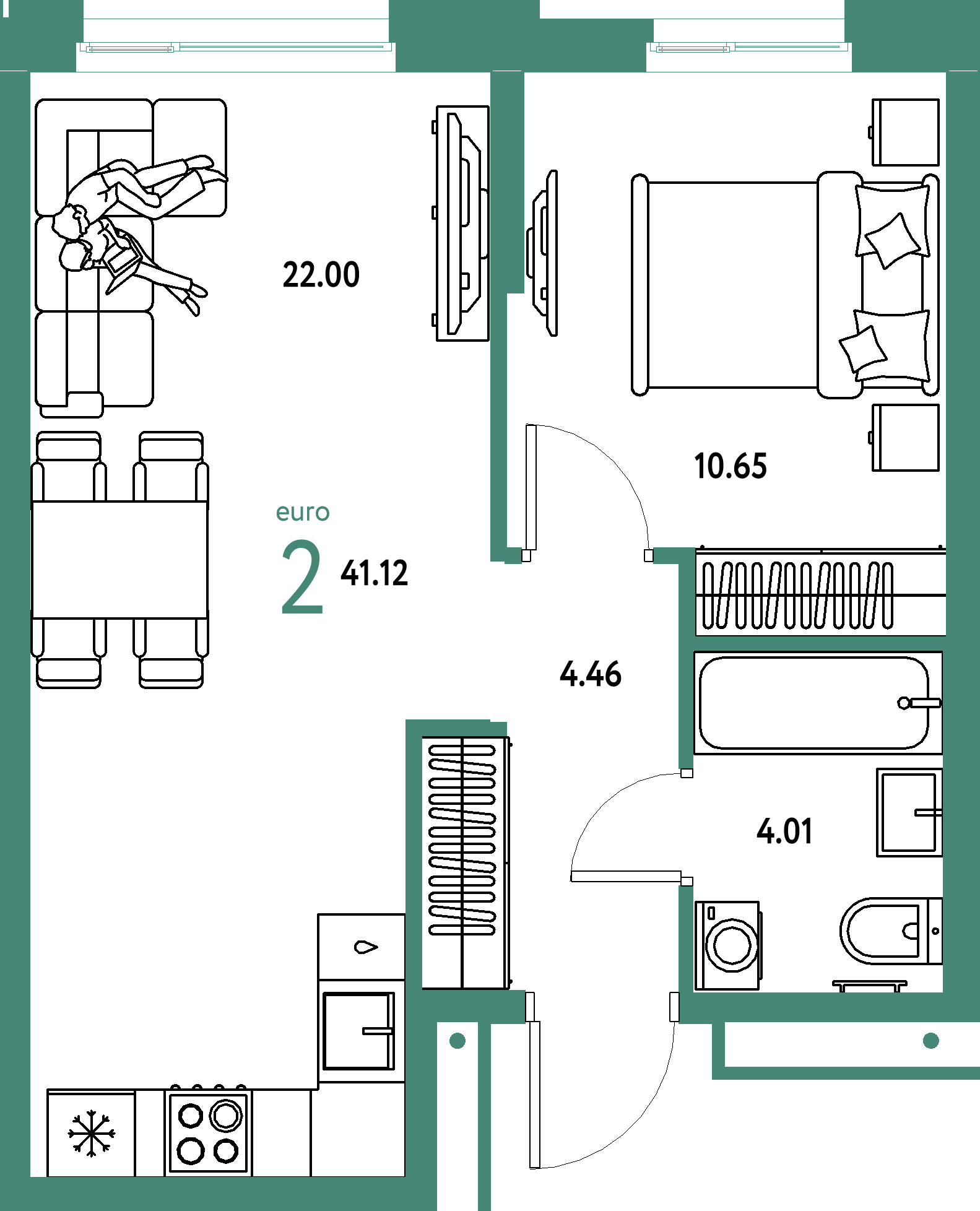 ЖК "Домашний"-2-комнатная 41.12 м²