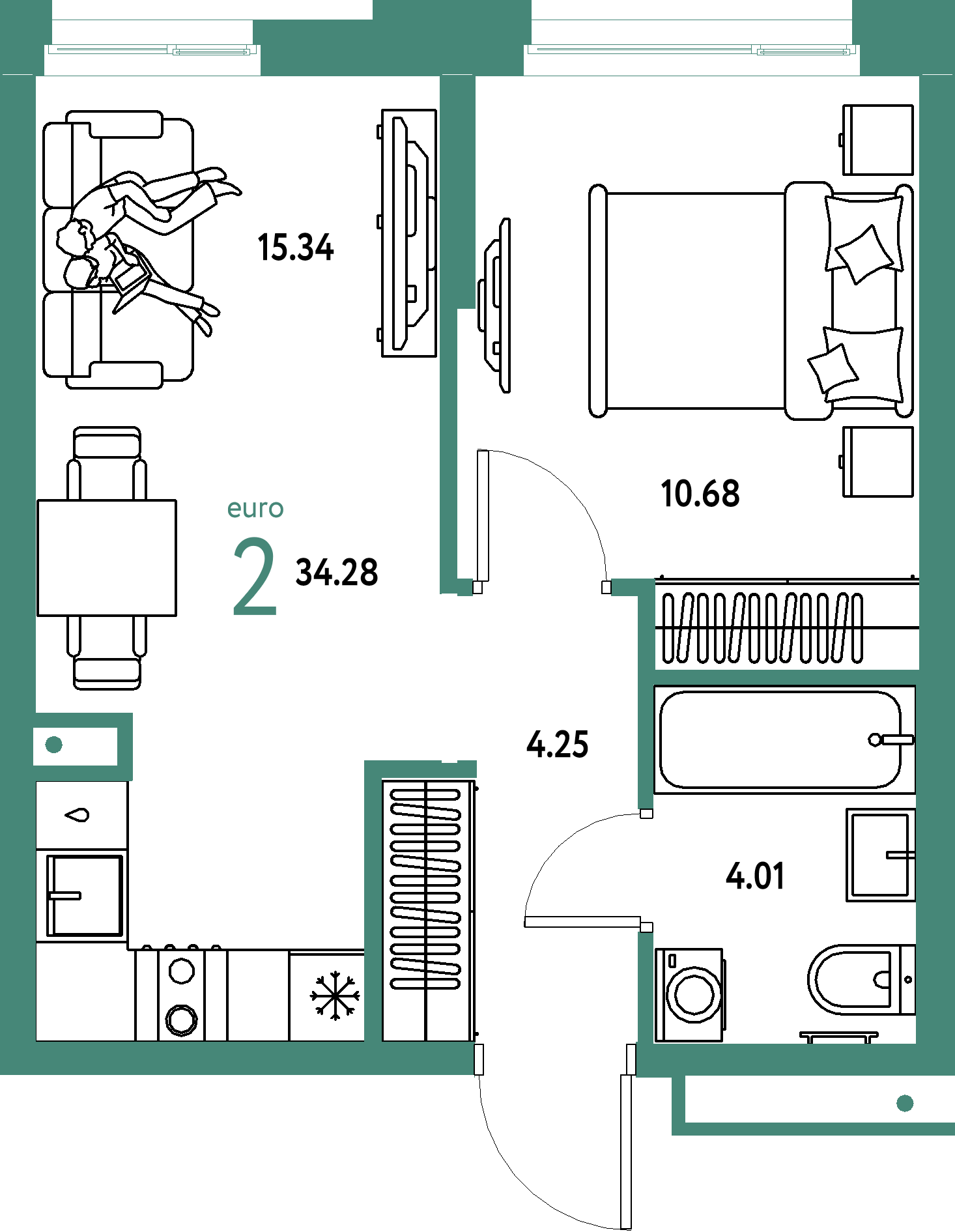 ЖК "Домашний"-2-комнатная 34.28 м²