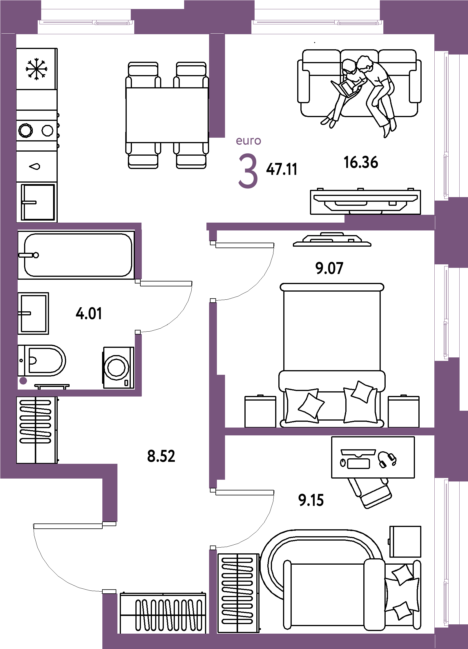 ЖК "Домашний"-3-комнатная 47.11 м²