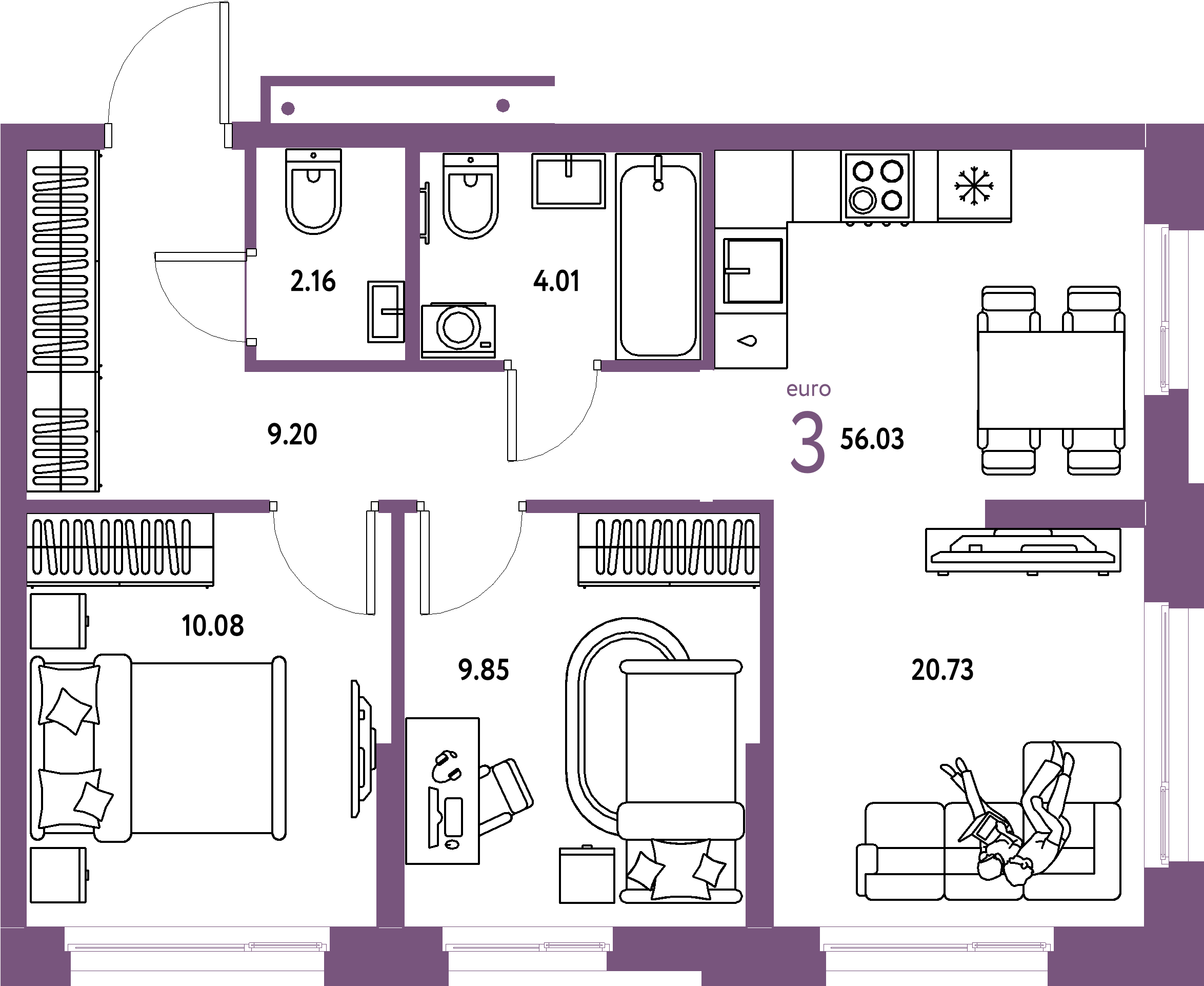 ЖК "Домашний"-3-комнатная 56.03 м²