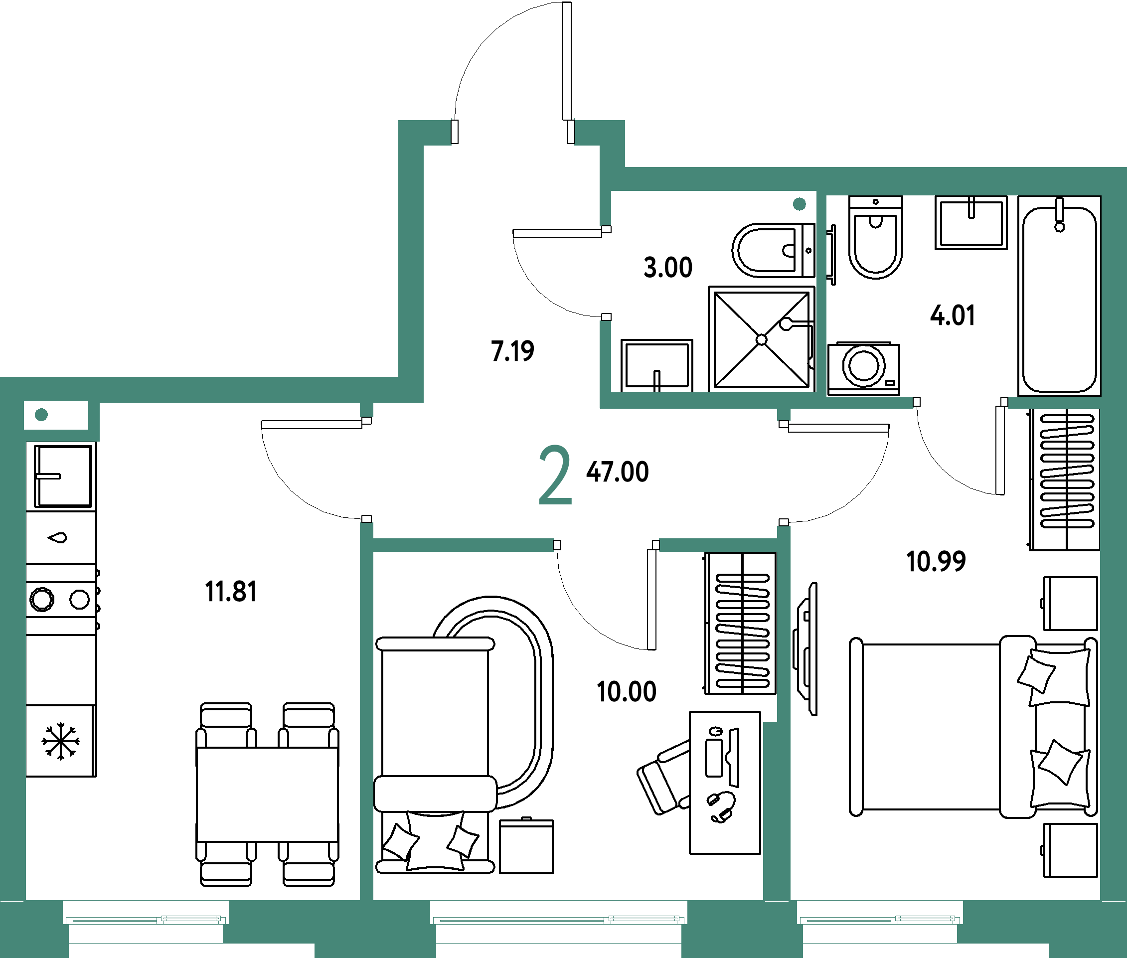 ЖК "Домашний"-2-комнатная 47 м²