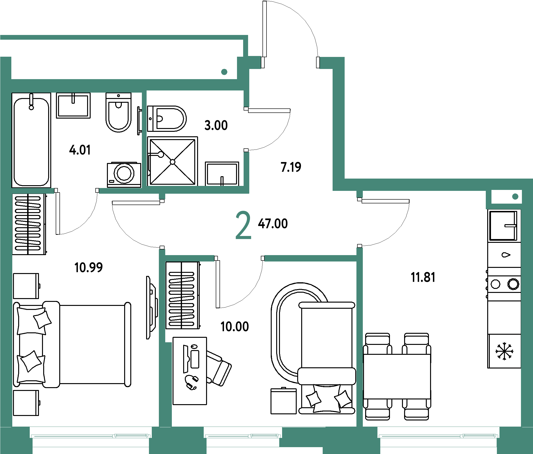 ЖК "Домашний"-2-комнатная 47 м²