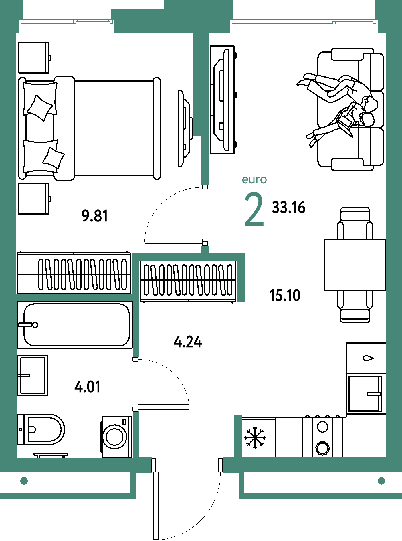 ЖК "Домашний"-2-комнатная 33.16 м²