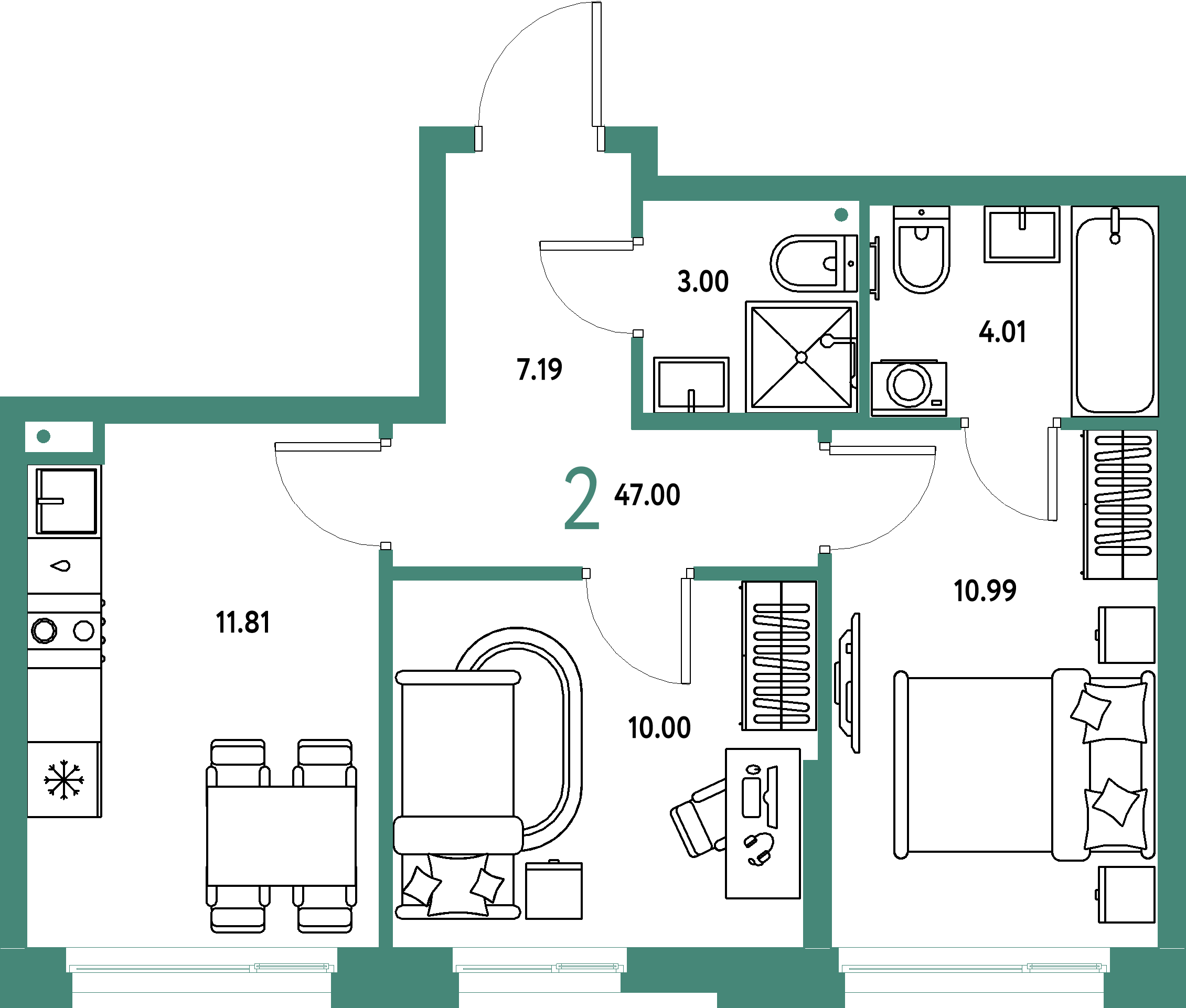 ЖК "Домашний"-2-комнатная 47 м²