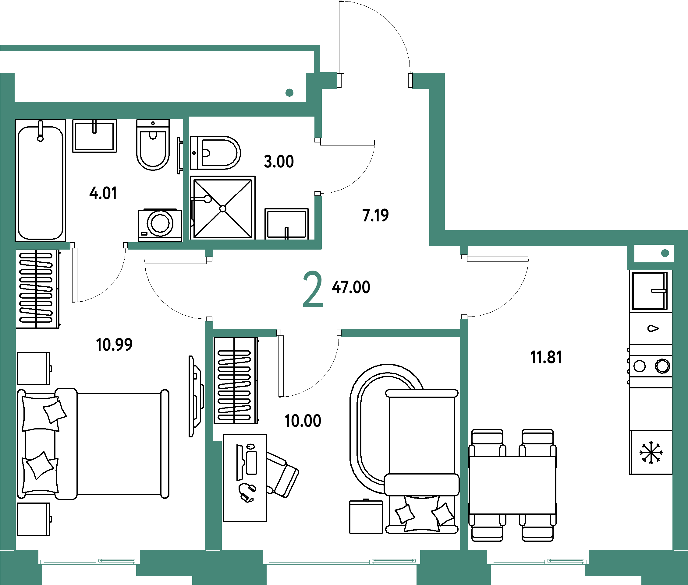 ЖК "Домашний"-2-комнатная 47 м²