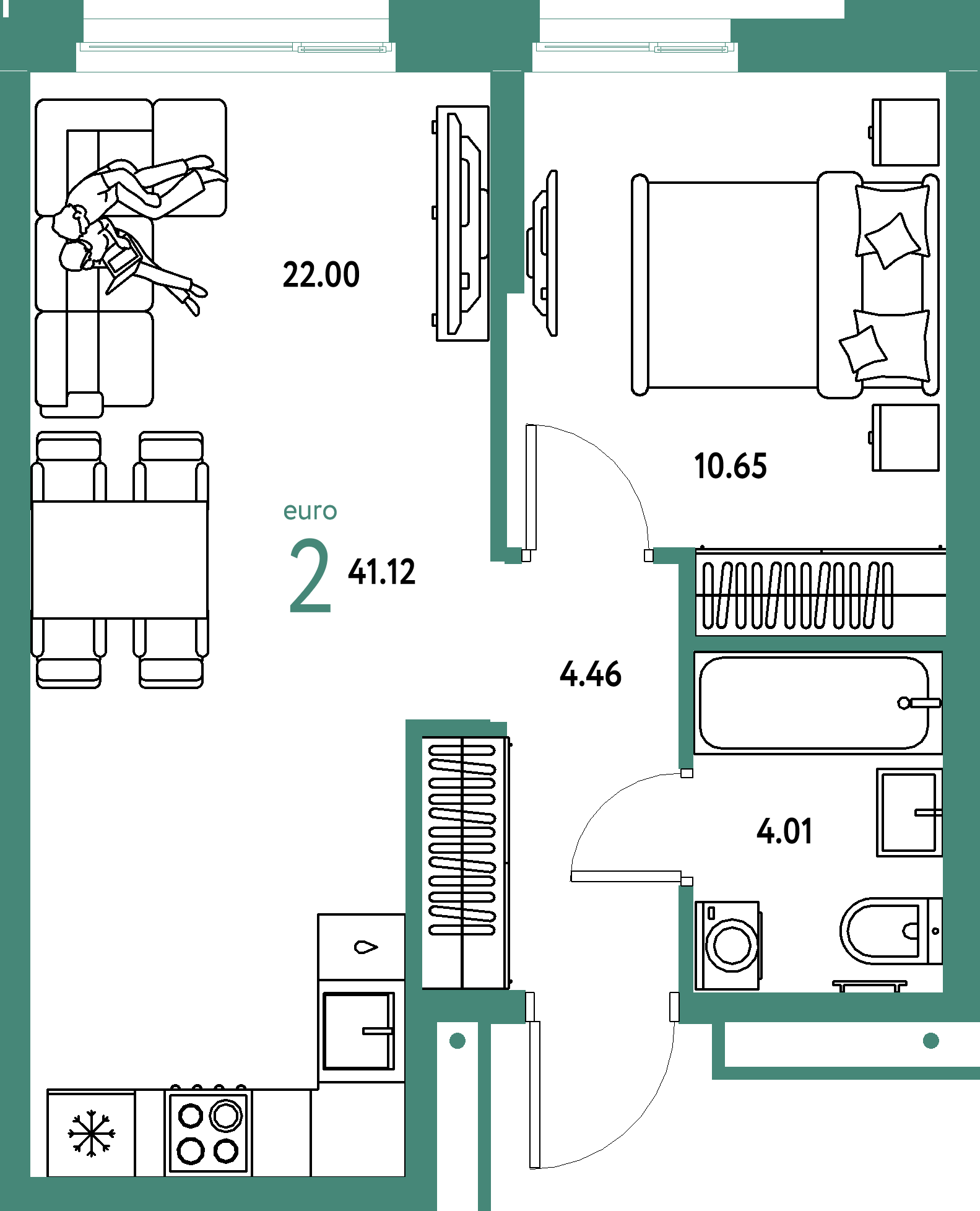 ЖК "Домашний"-2-комнатная 41.12 м²