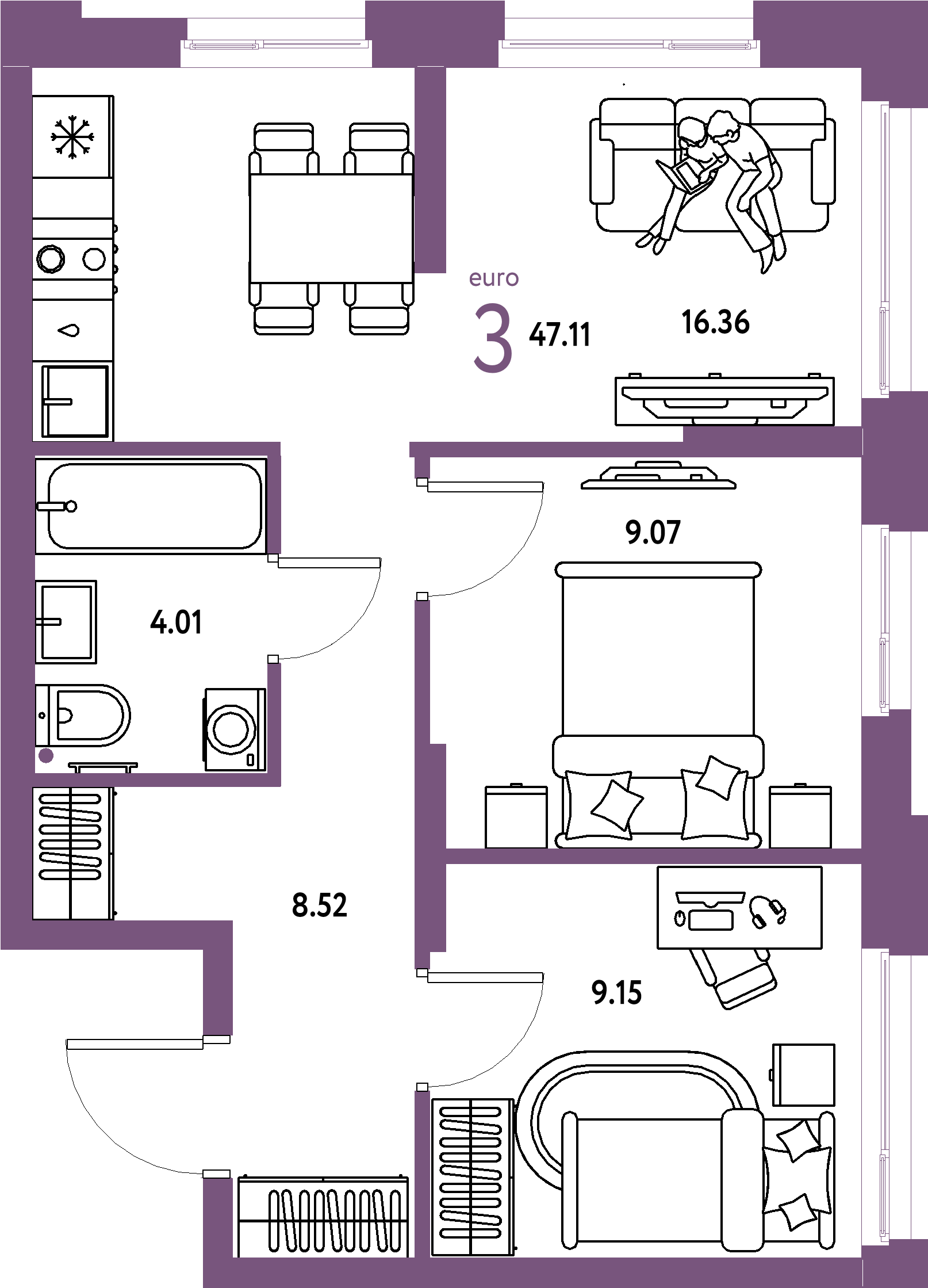 ЖК "Домашний"-3-комнатная 47.11 м²