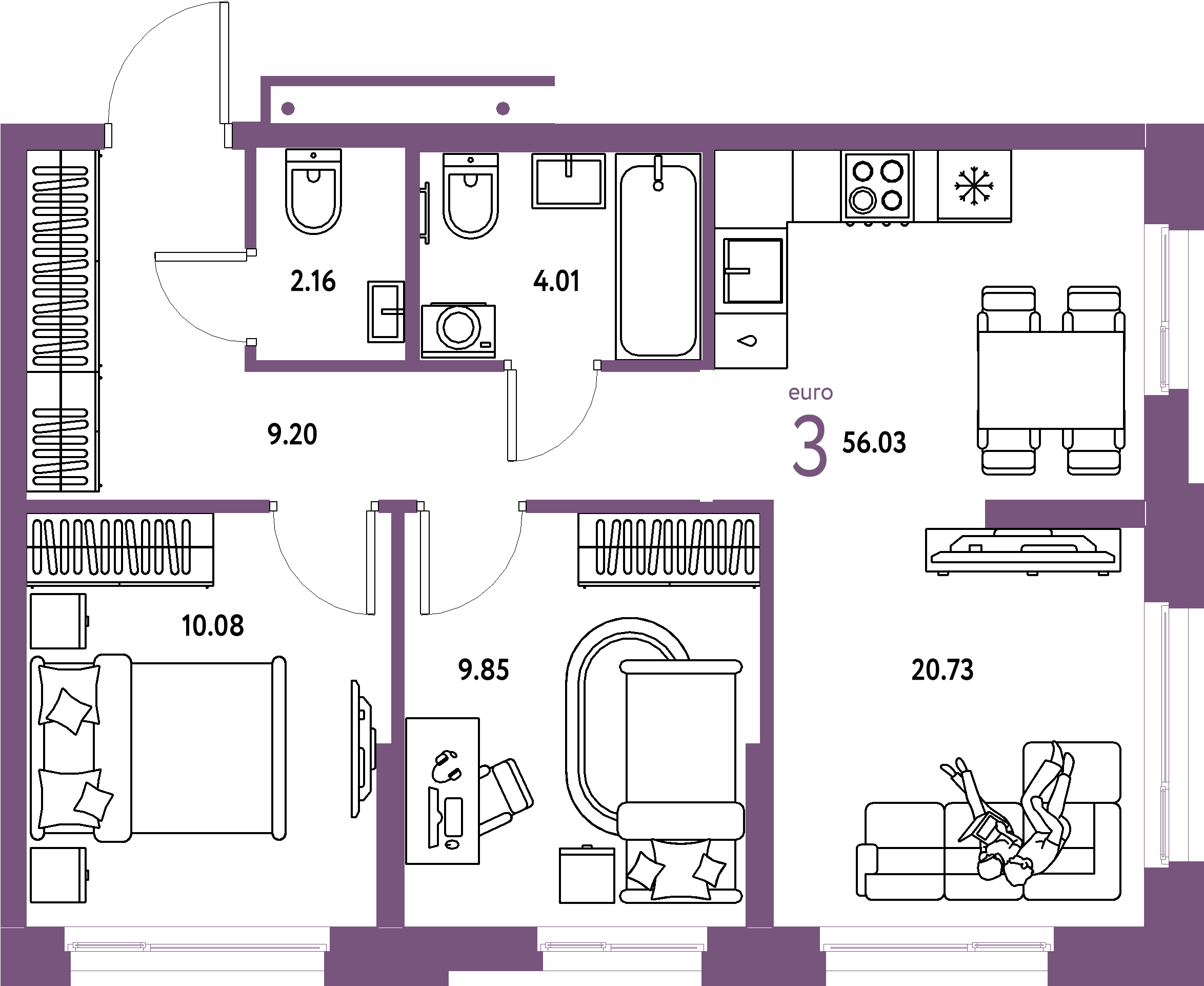 ЖК "Домашний"-3-комнатная 56.03 м²