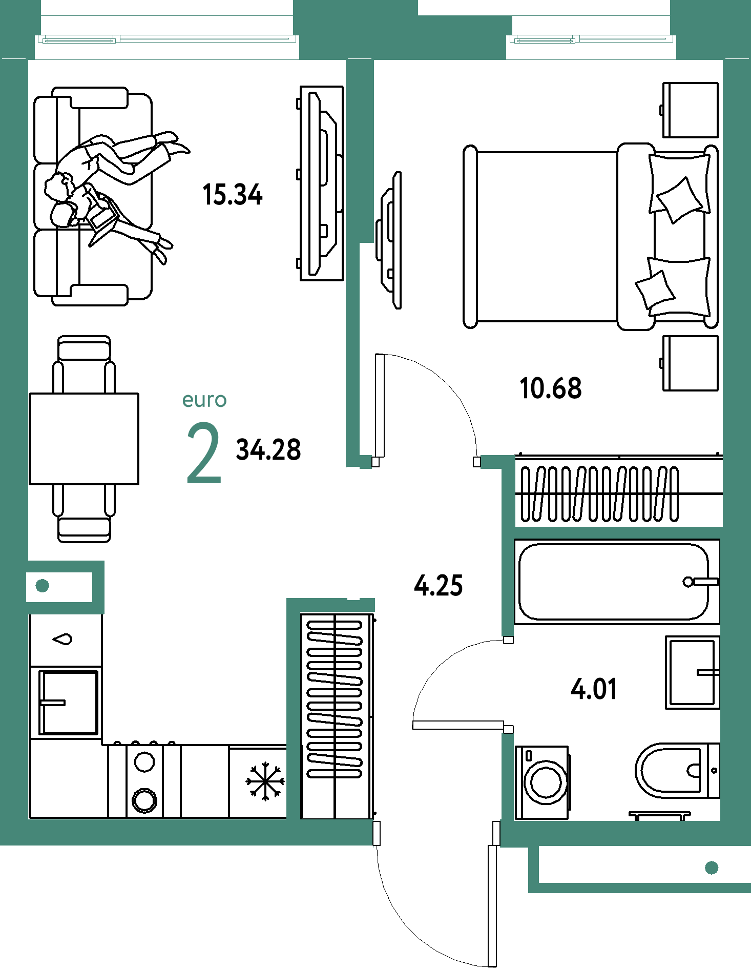 ЖК "Домашний"-2-комнатная 34.28 м²