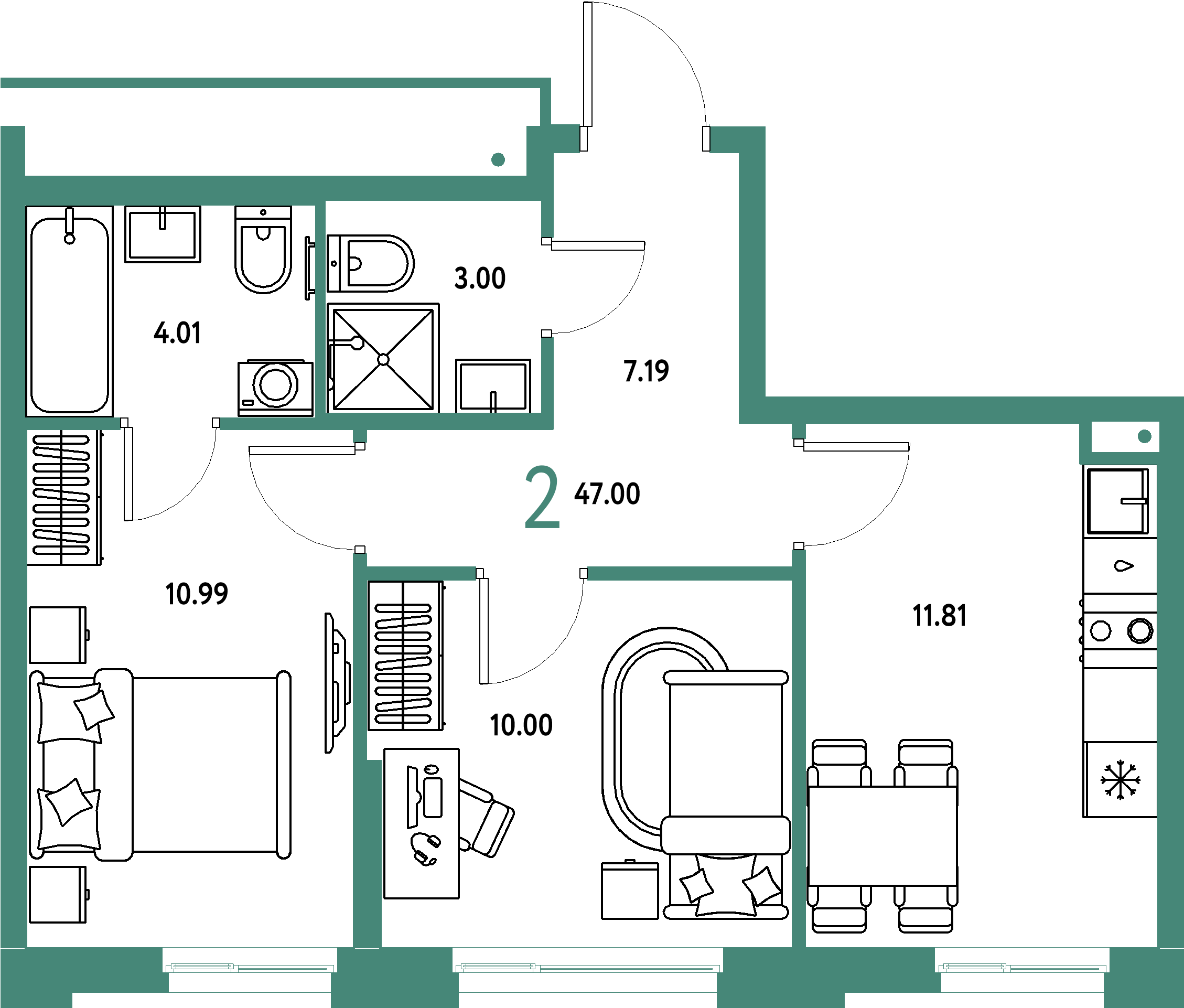ЖК "Домашний"-2-комнатная 47 м²