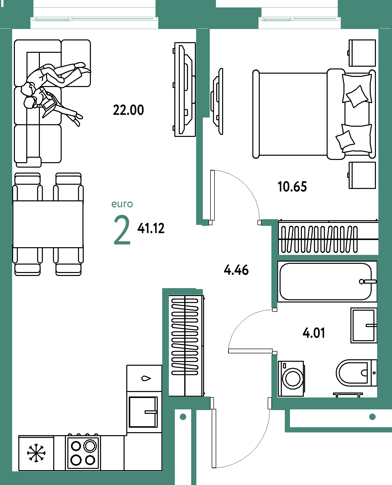ЖК "Домашний"-2-комнатная 41.12 м²