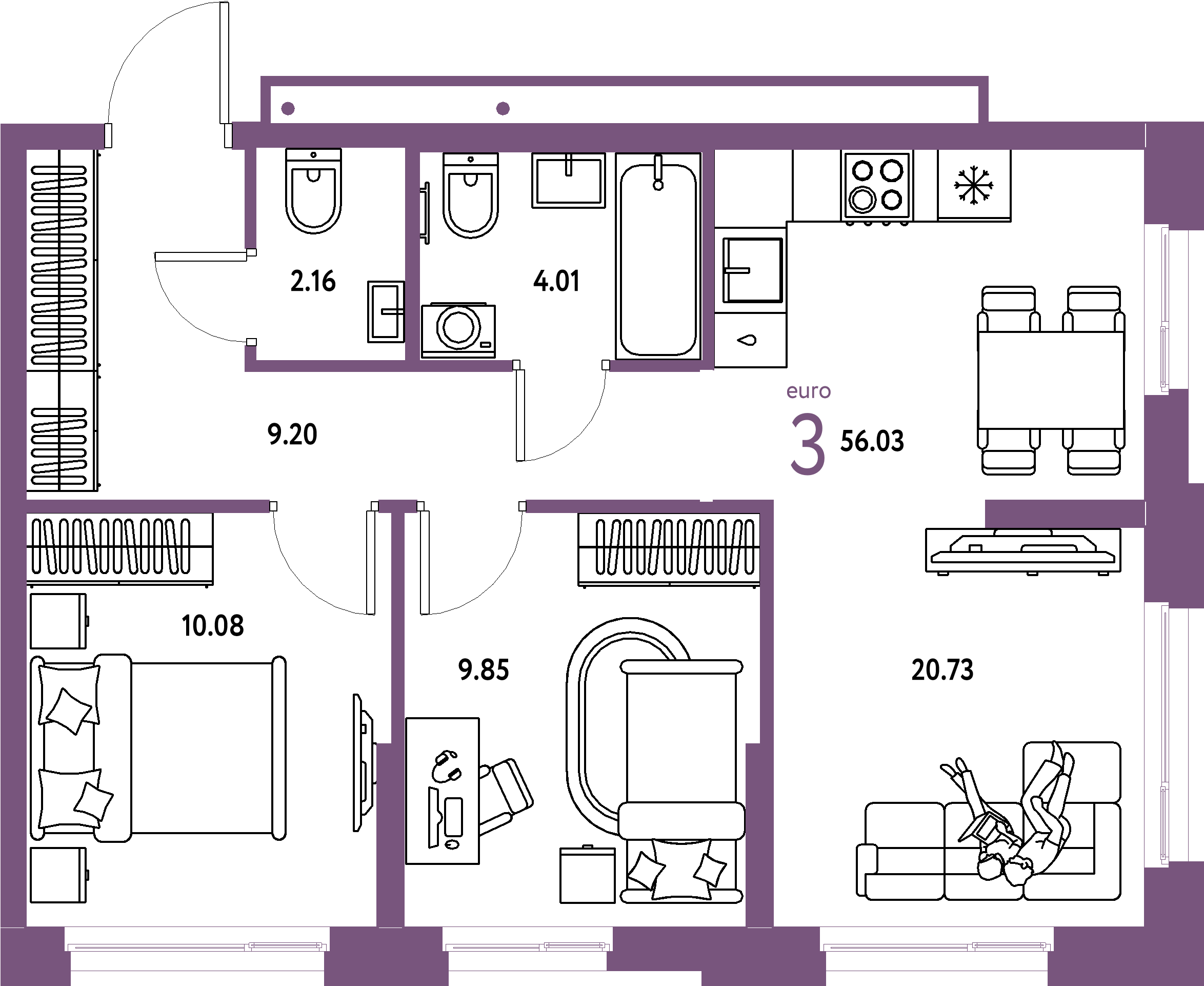 ЖК "Домашний"-3-комнатная 56.03 м²