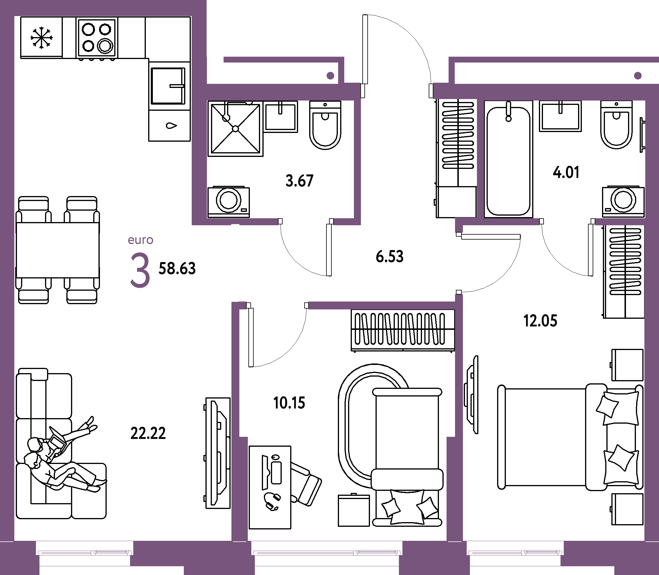 ЖК "Домашний"-3-комнатная 58.63 м²