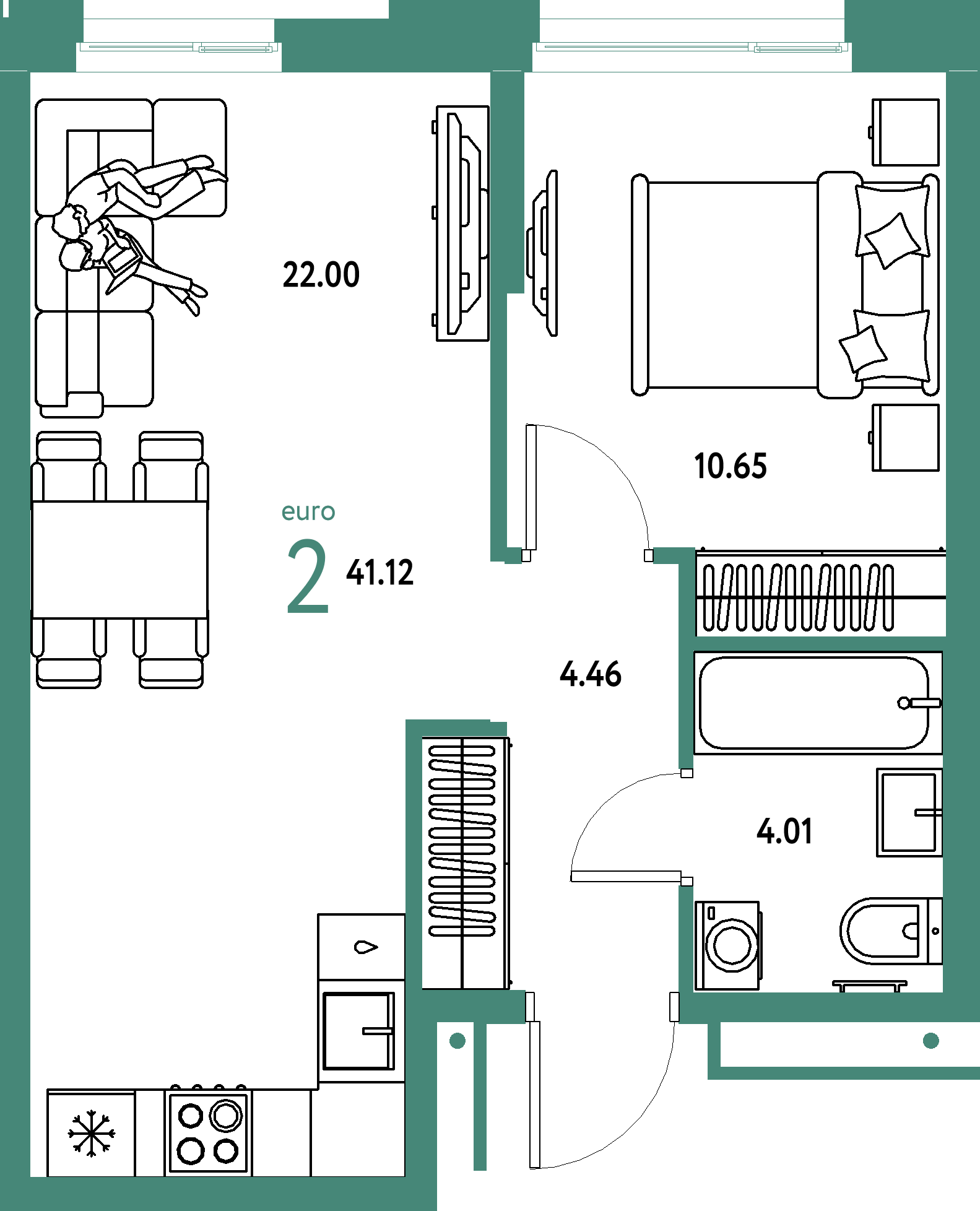 ЖК "Домашний"-2-комнатная 41.12 м²