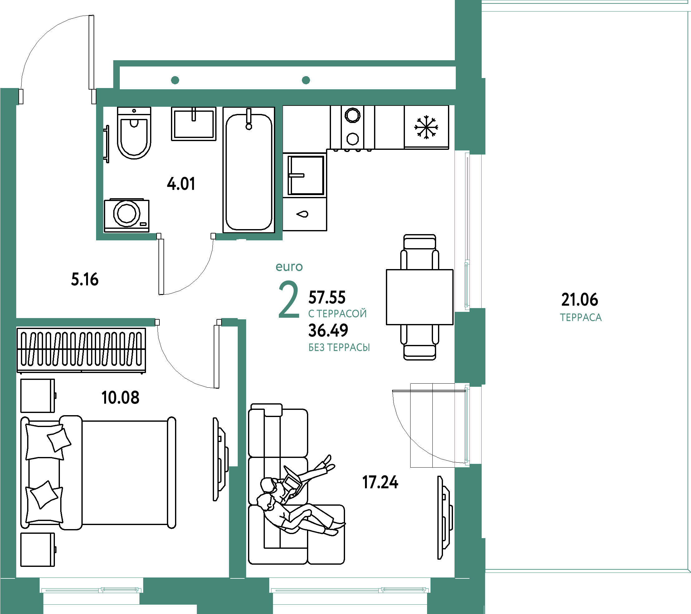 ЖК "Домашний"-2-комнатная 57.55 м²