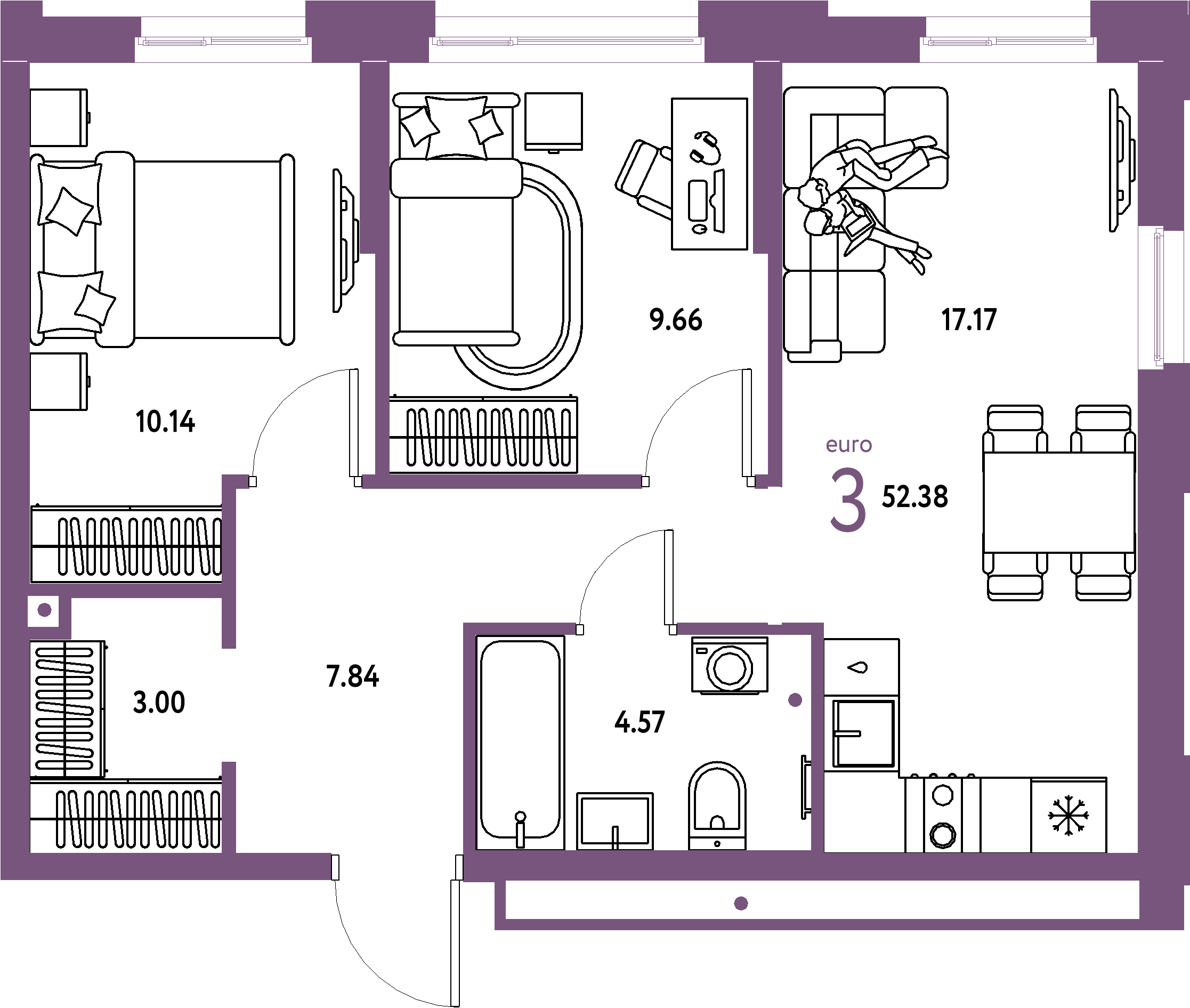 ЖК "Домашний"-3-комнатная 52.38 м²