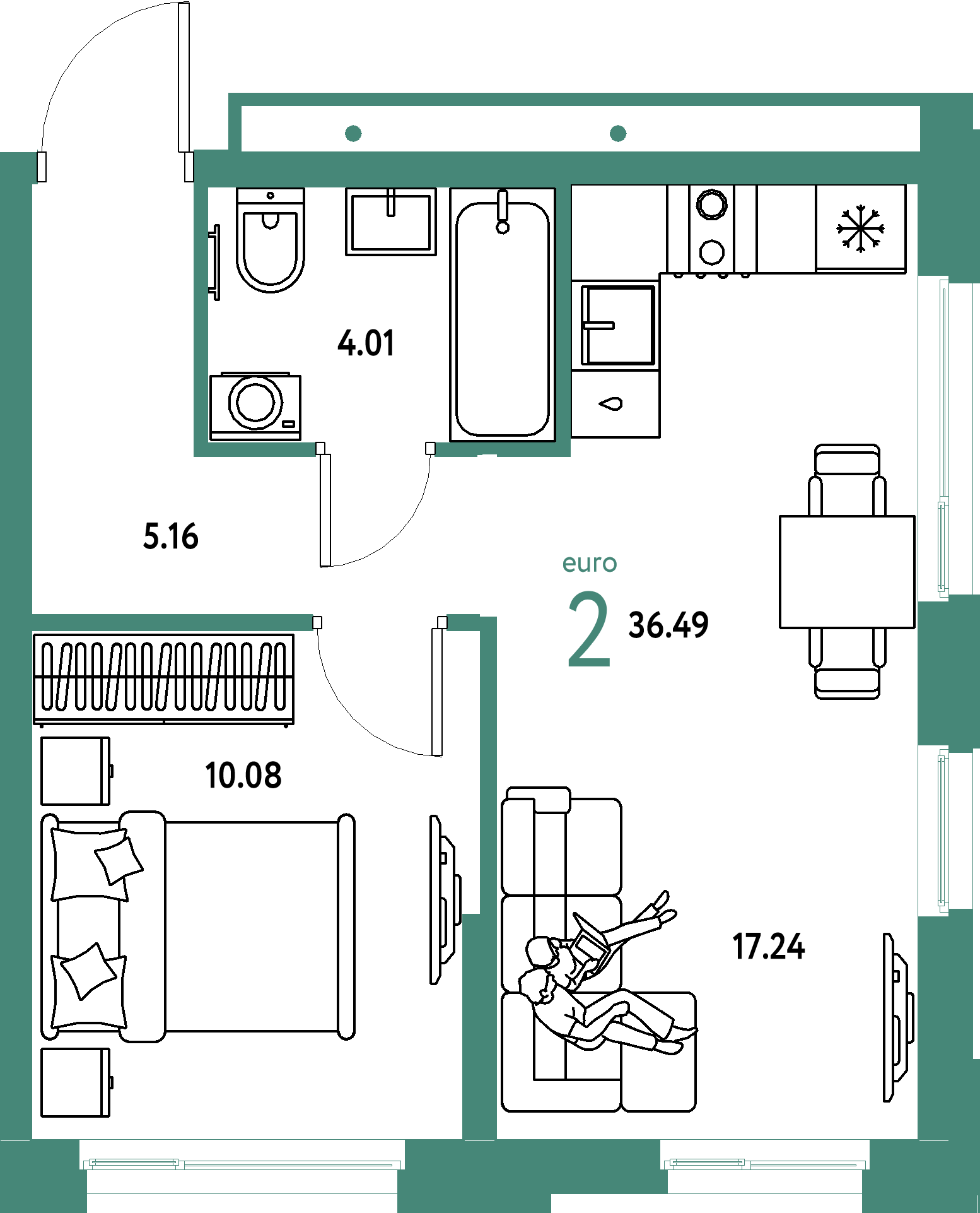 ЖК "Домашний"-2-комнатная 36.49 м²