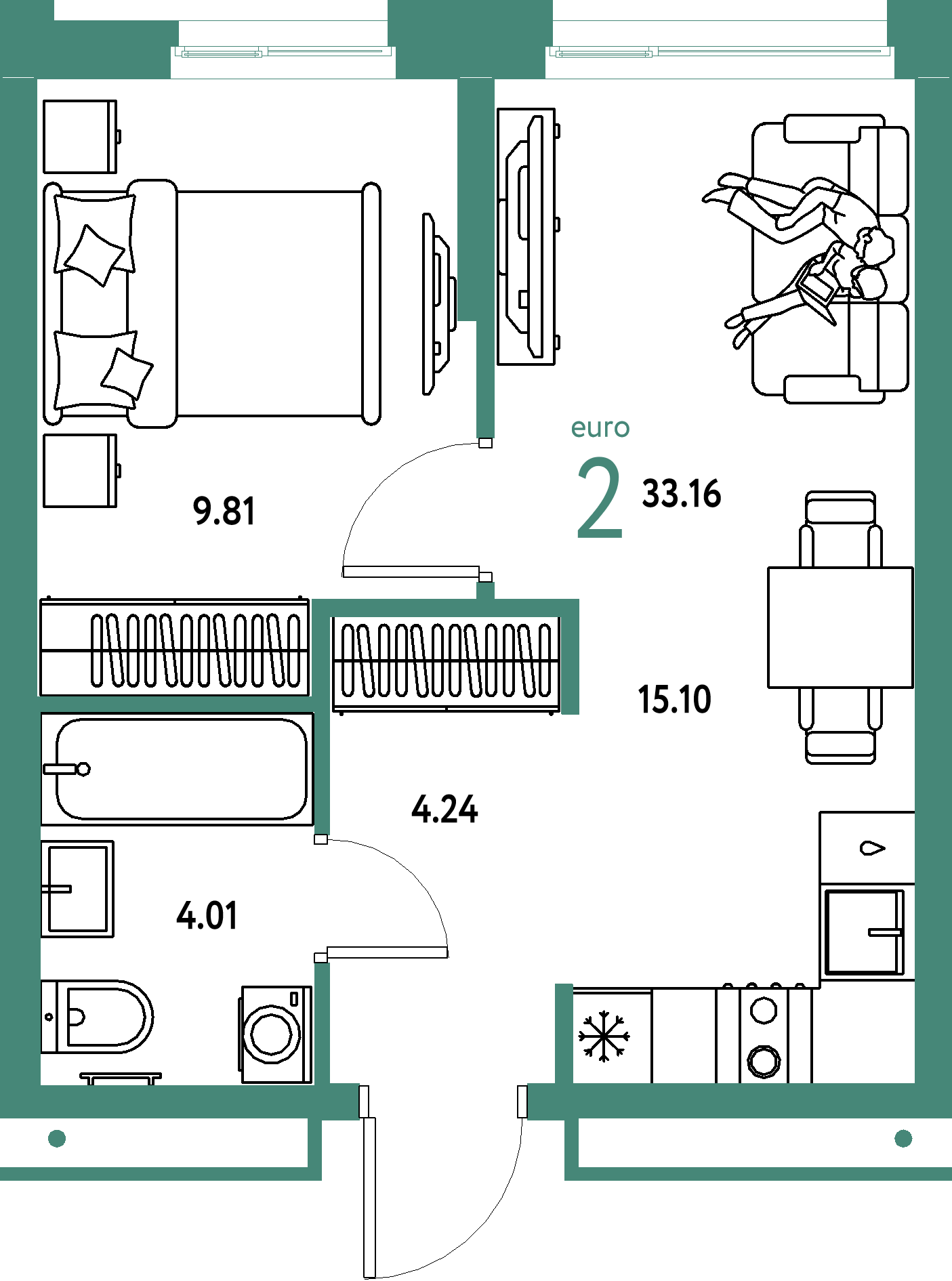 ЖК "Домашний"-2-комнатная 33.16 м²