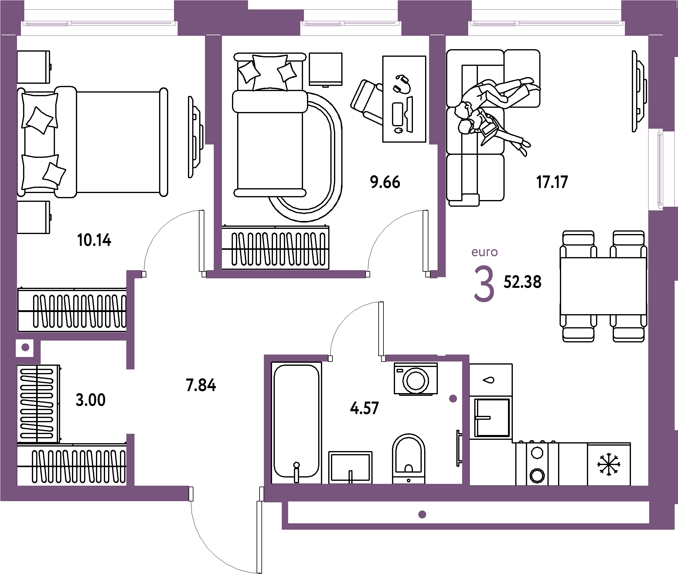 ЖК "Домашний"-3-комнатная 52.38 м²
