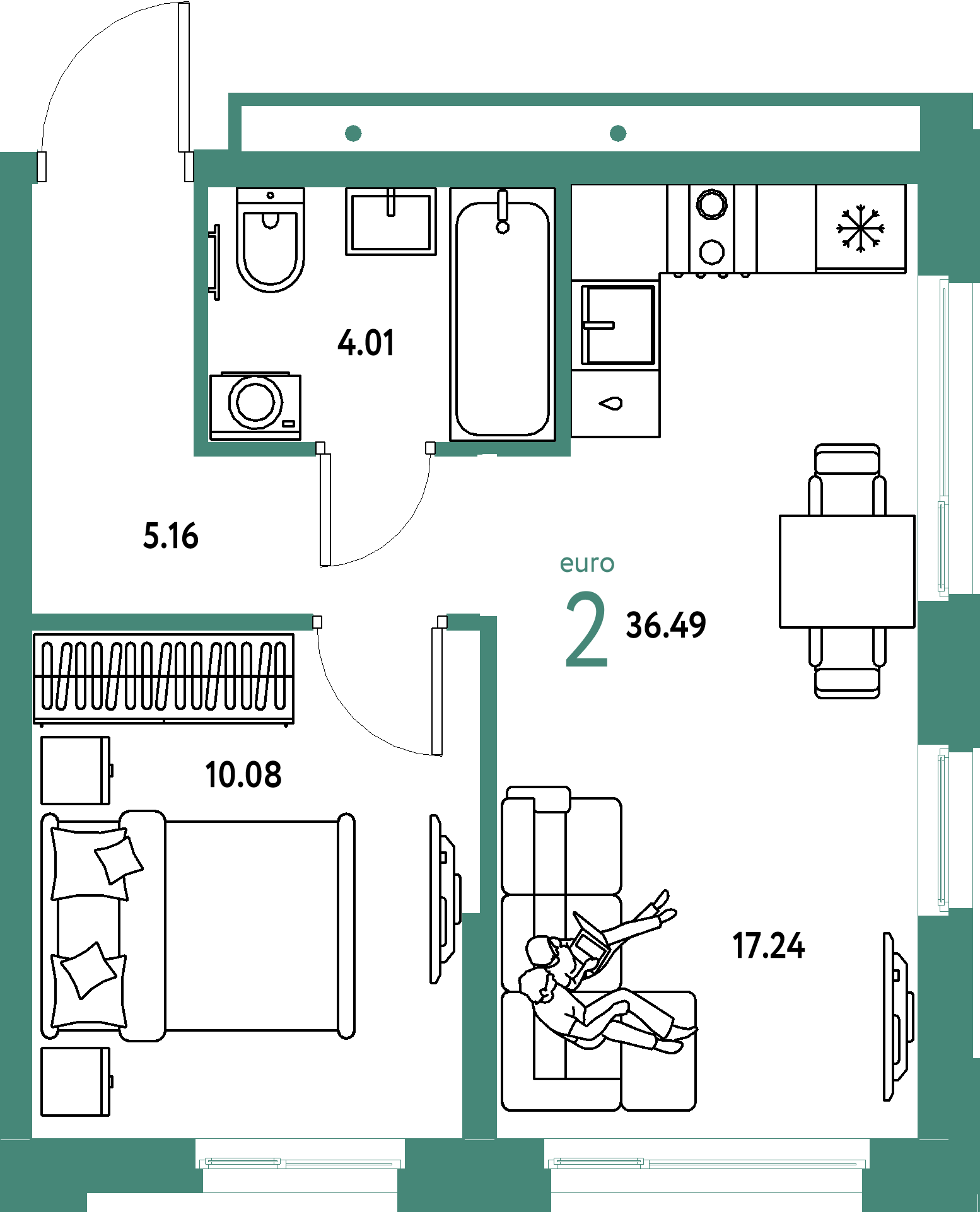 ЖК "Домашний"-2-комнатная 36.49 м²