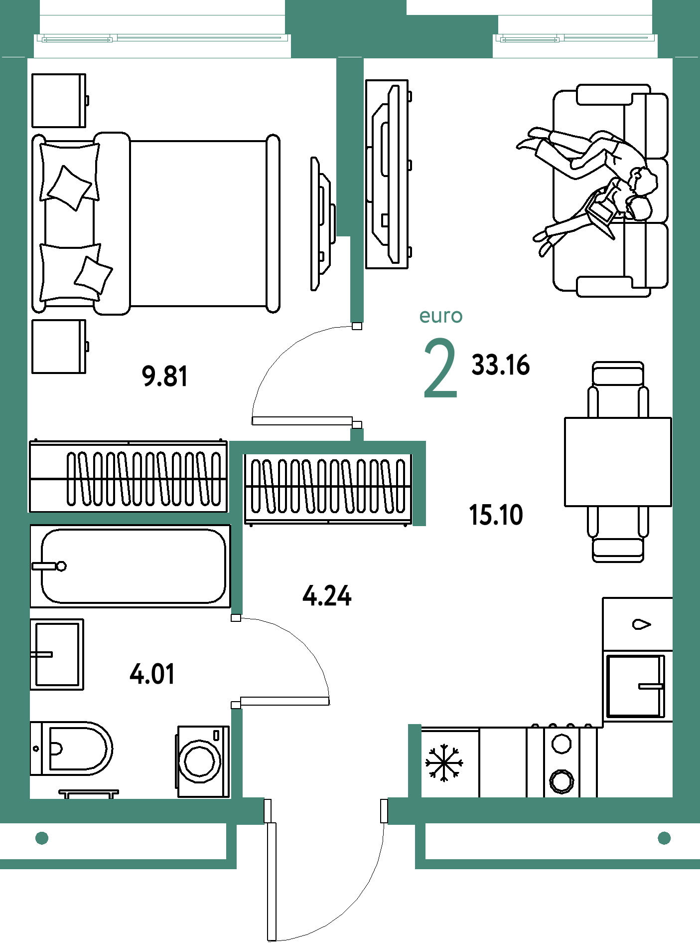 ЖК "Домашний"-2-комнатная 33.16 м²