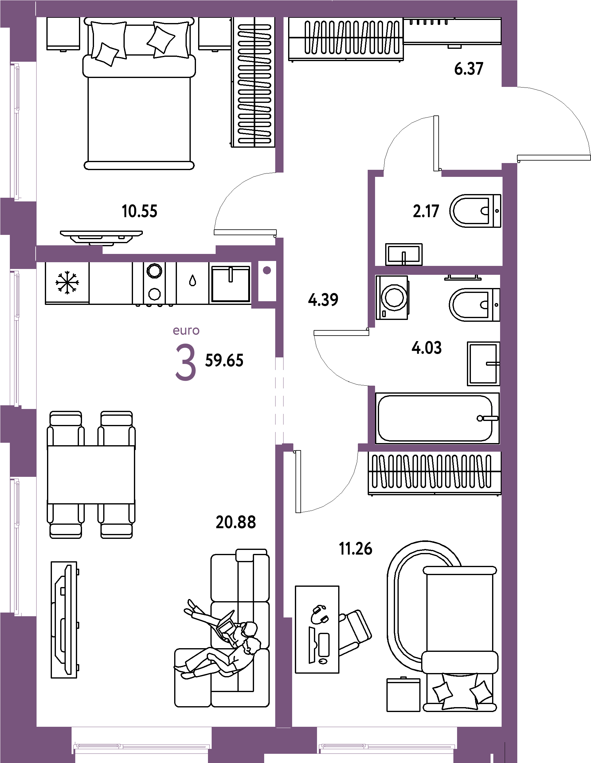 ЖК "Домашний"-3-комнатная 59.65 м²