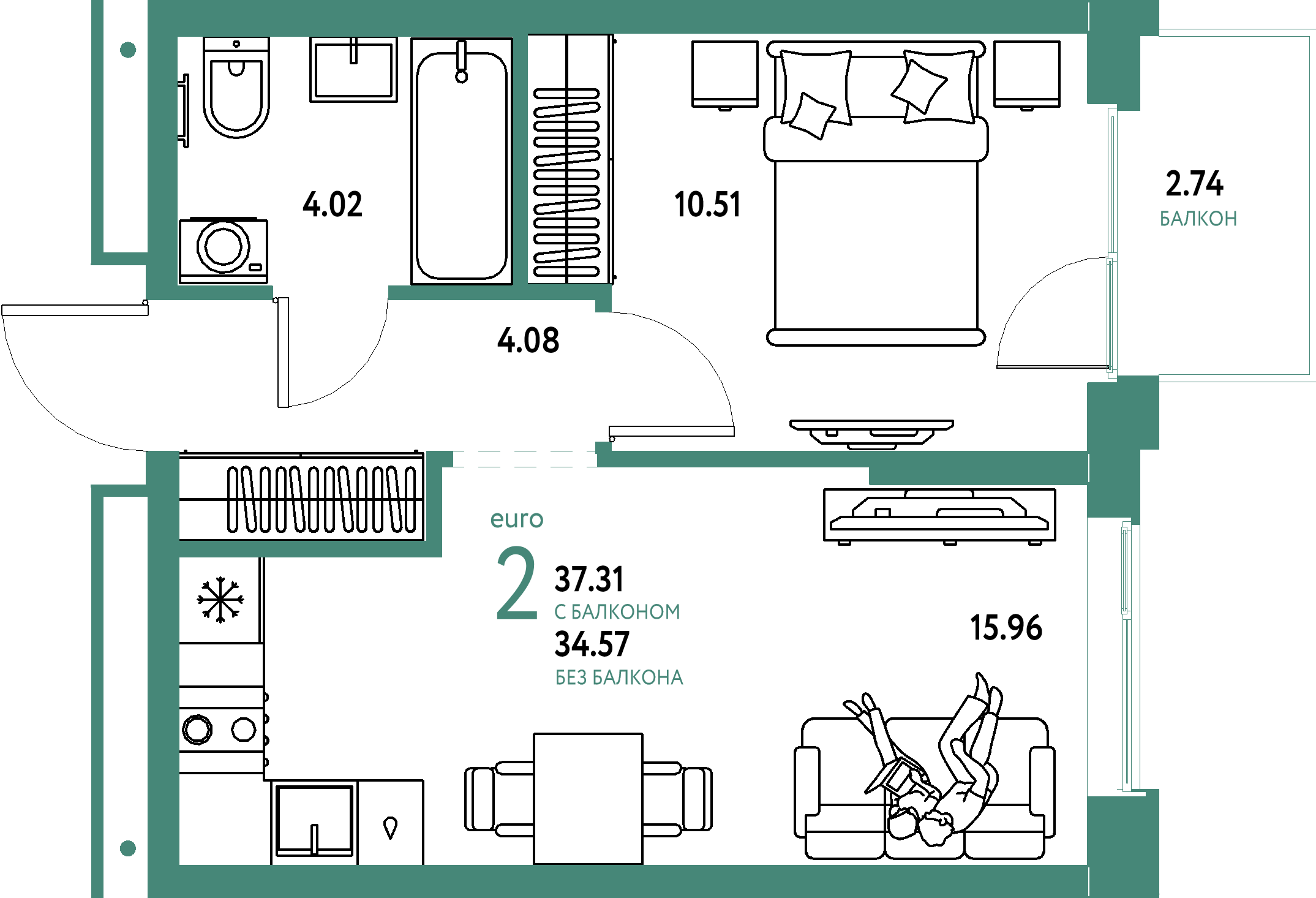 ЖК "Домашний"-2-комнатная 37.31 м²