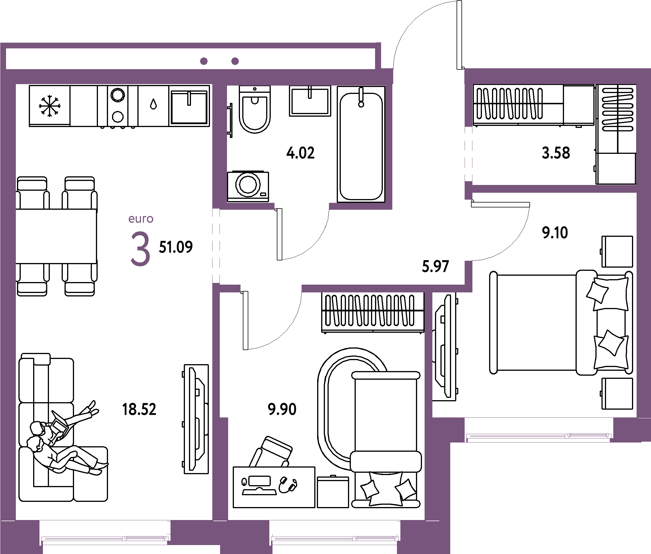 ЖК "Домашний"-3-комнатная 51.09 м²