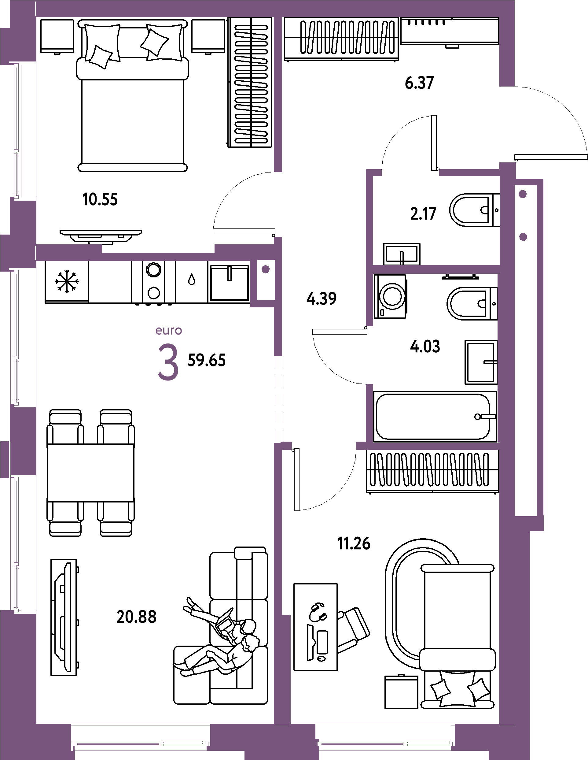 ЖК "Домашний"-3-комнатная 59.65 м²