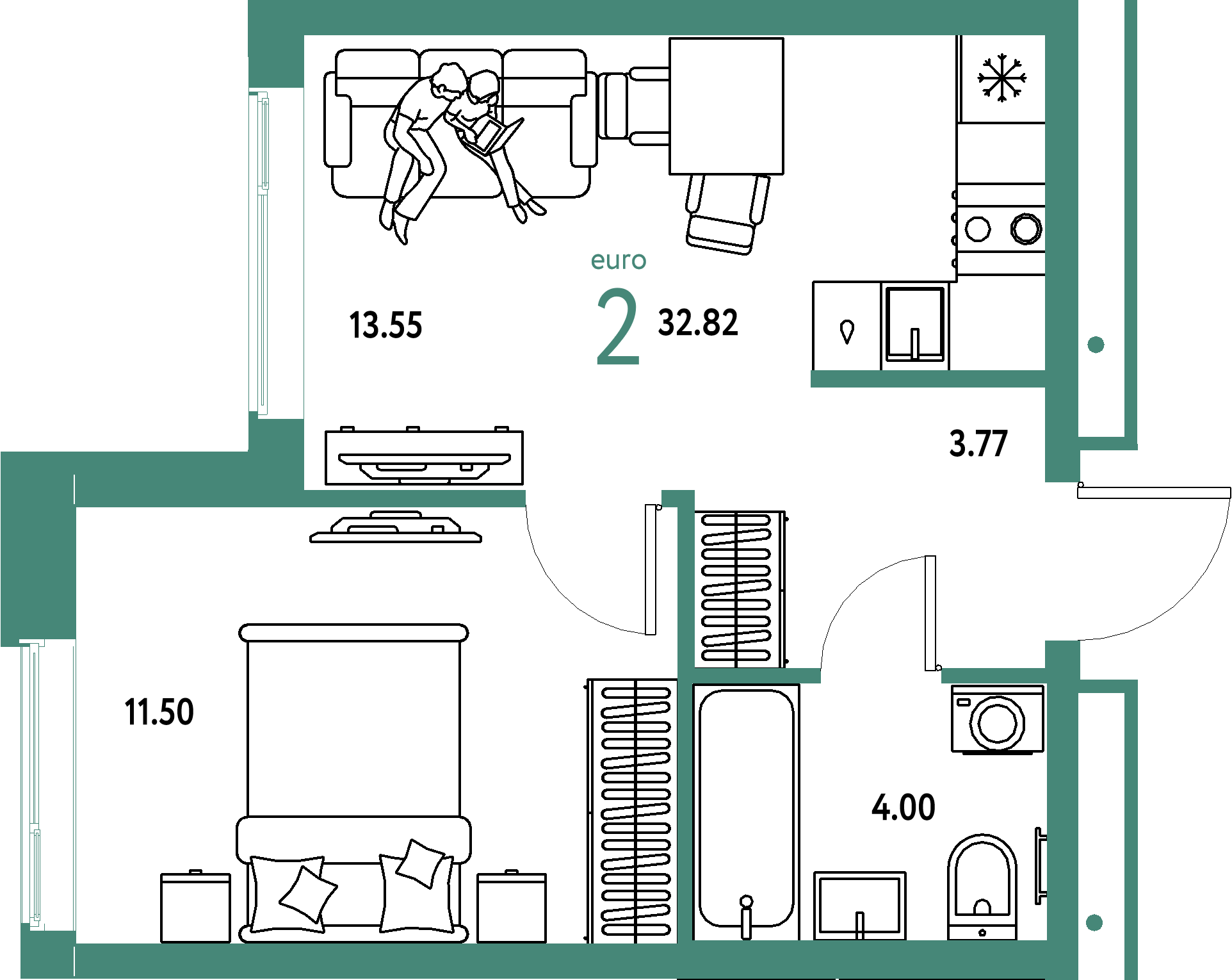 ЖК "Домашний"-2-комнатная 32.82 м²