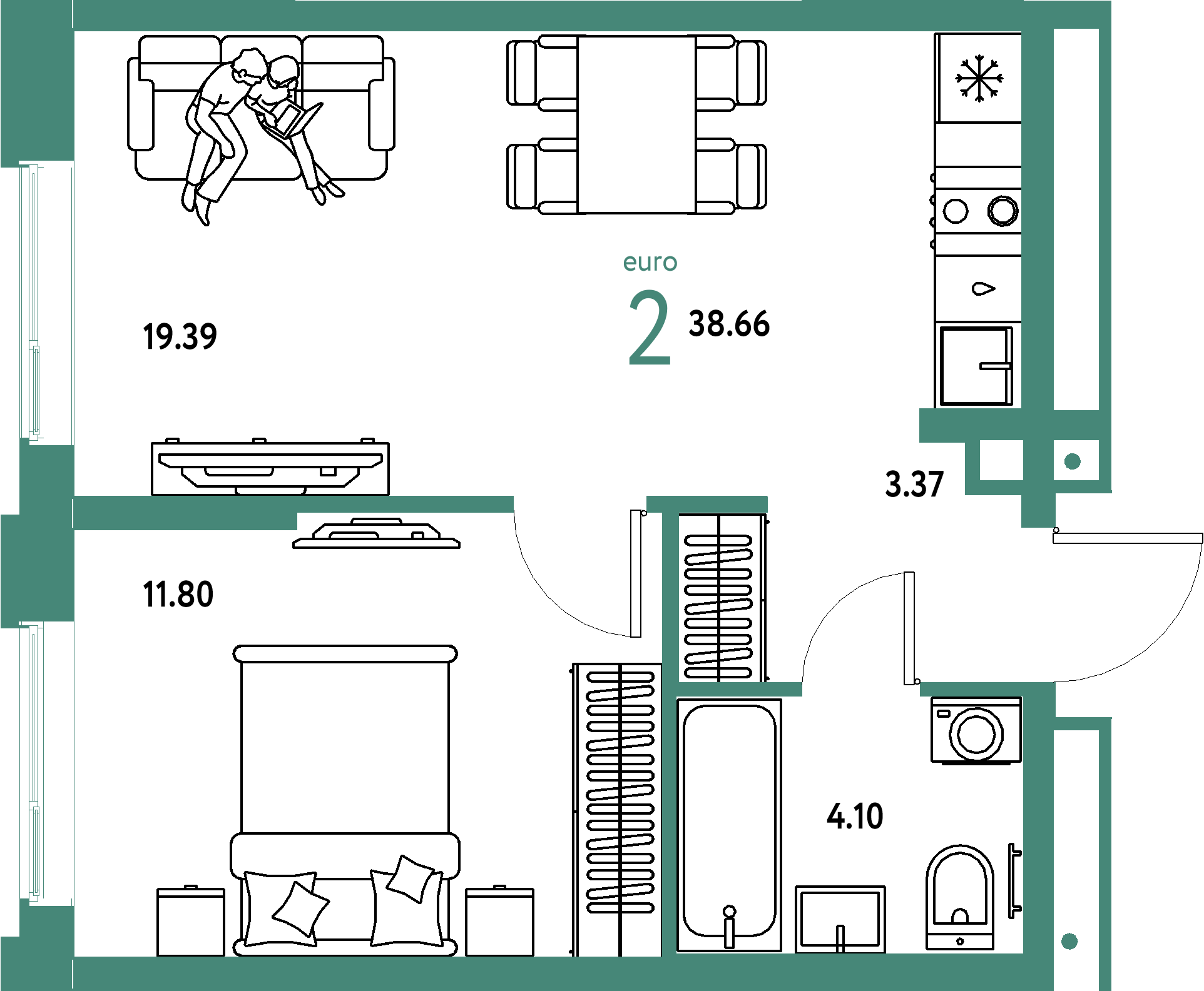 ЖК "Домашний"-2-комнатная 38.66 м²