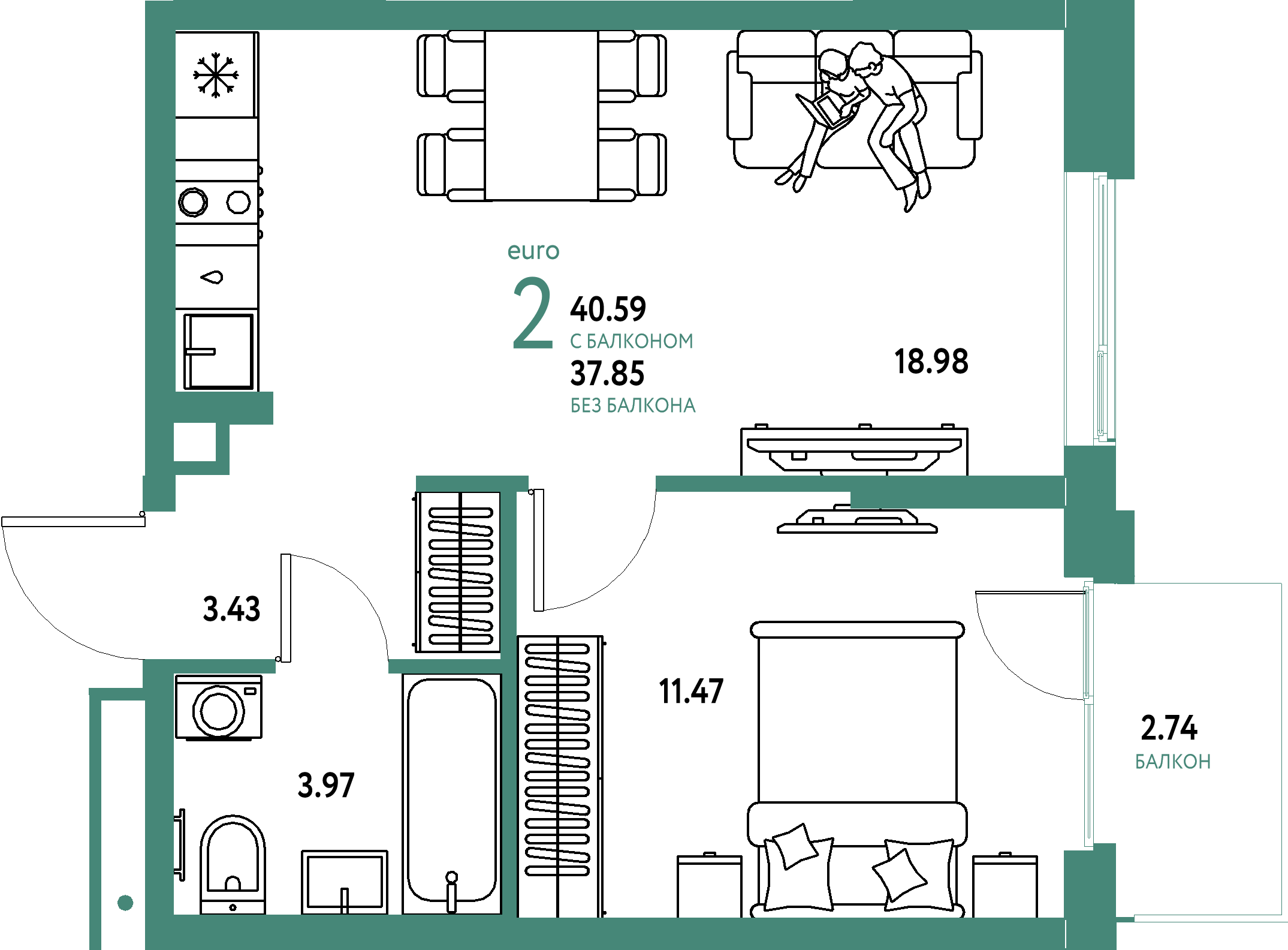 ЖК "Домашний"-2-комнатная 40.59 м²