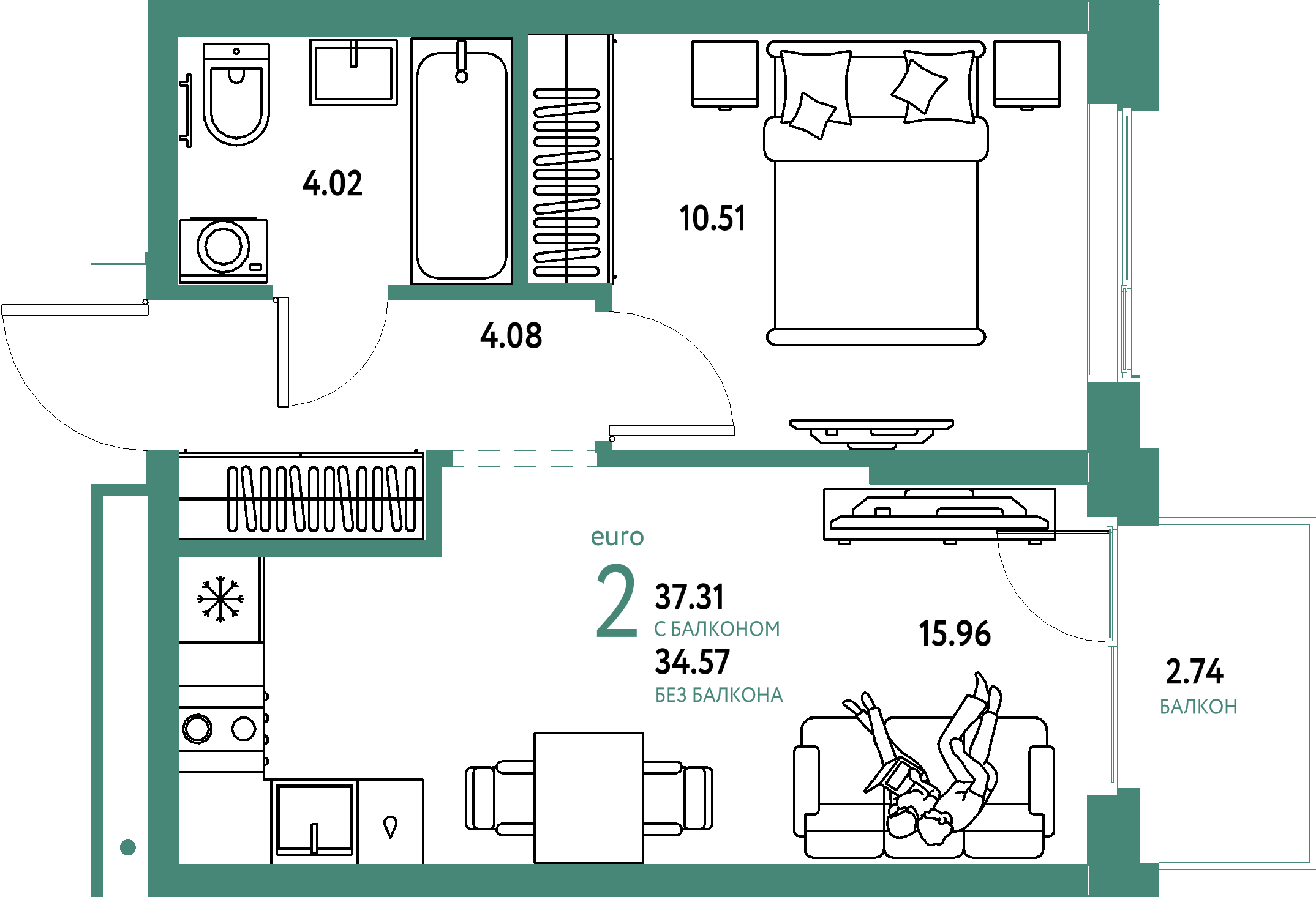 ЖК "Домашний"-2-комнатная 37.31 м²