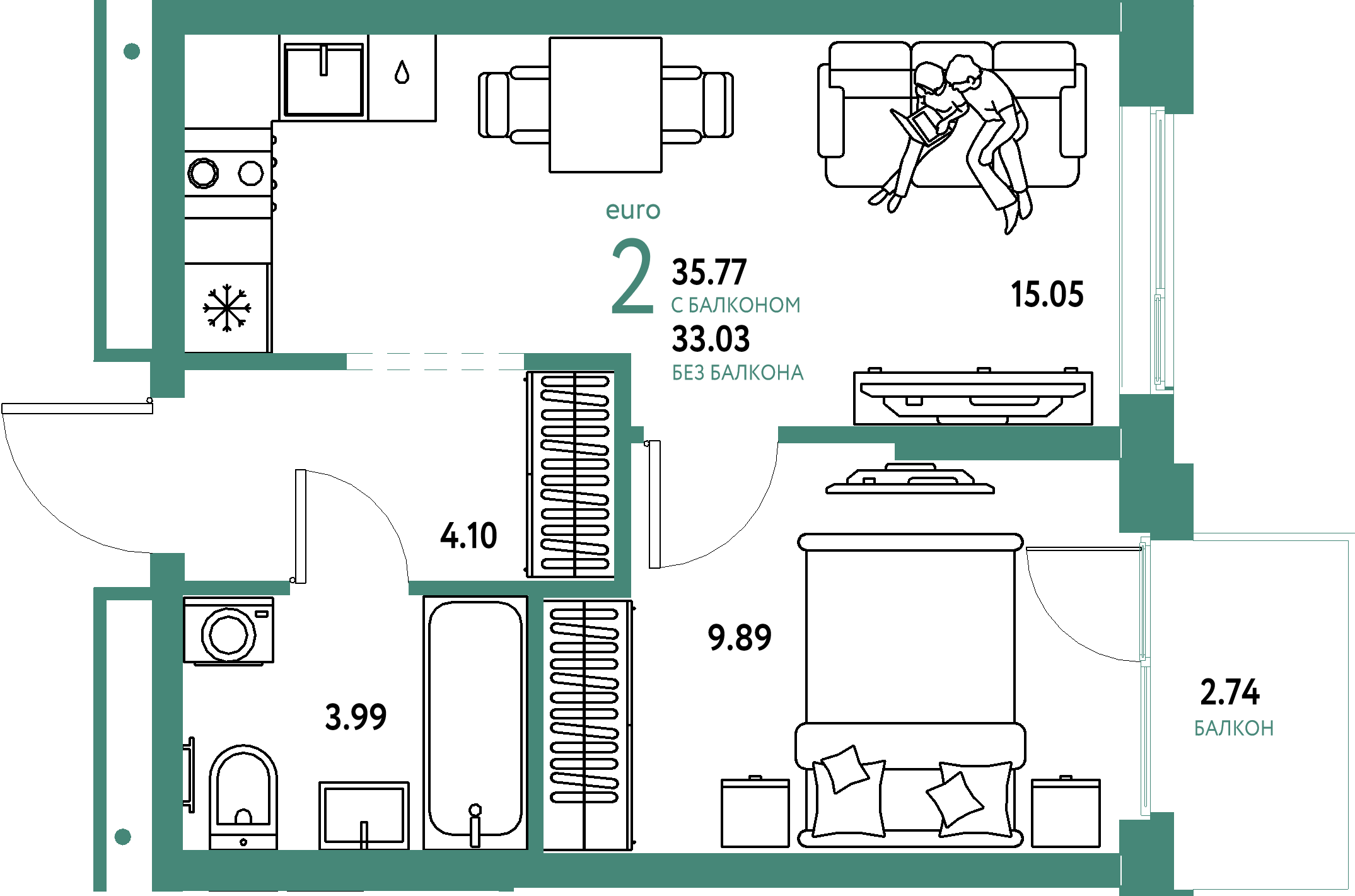 ЖК "Домашний"-2-комнатная 35.77 м²