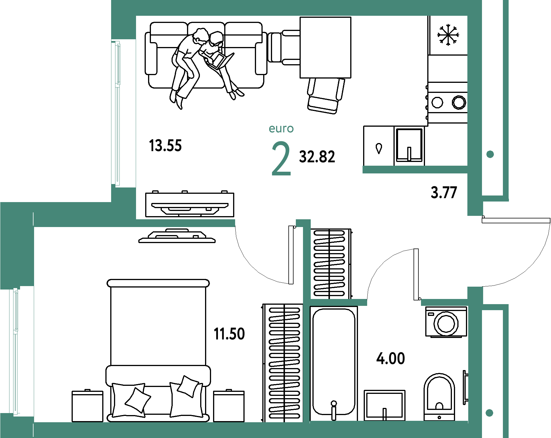 ЖК "Домашний"-2-комнатная 32.82 м²