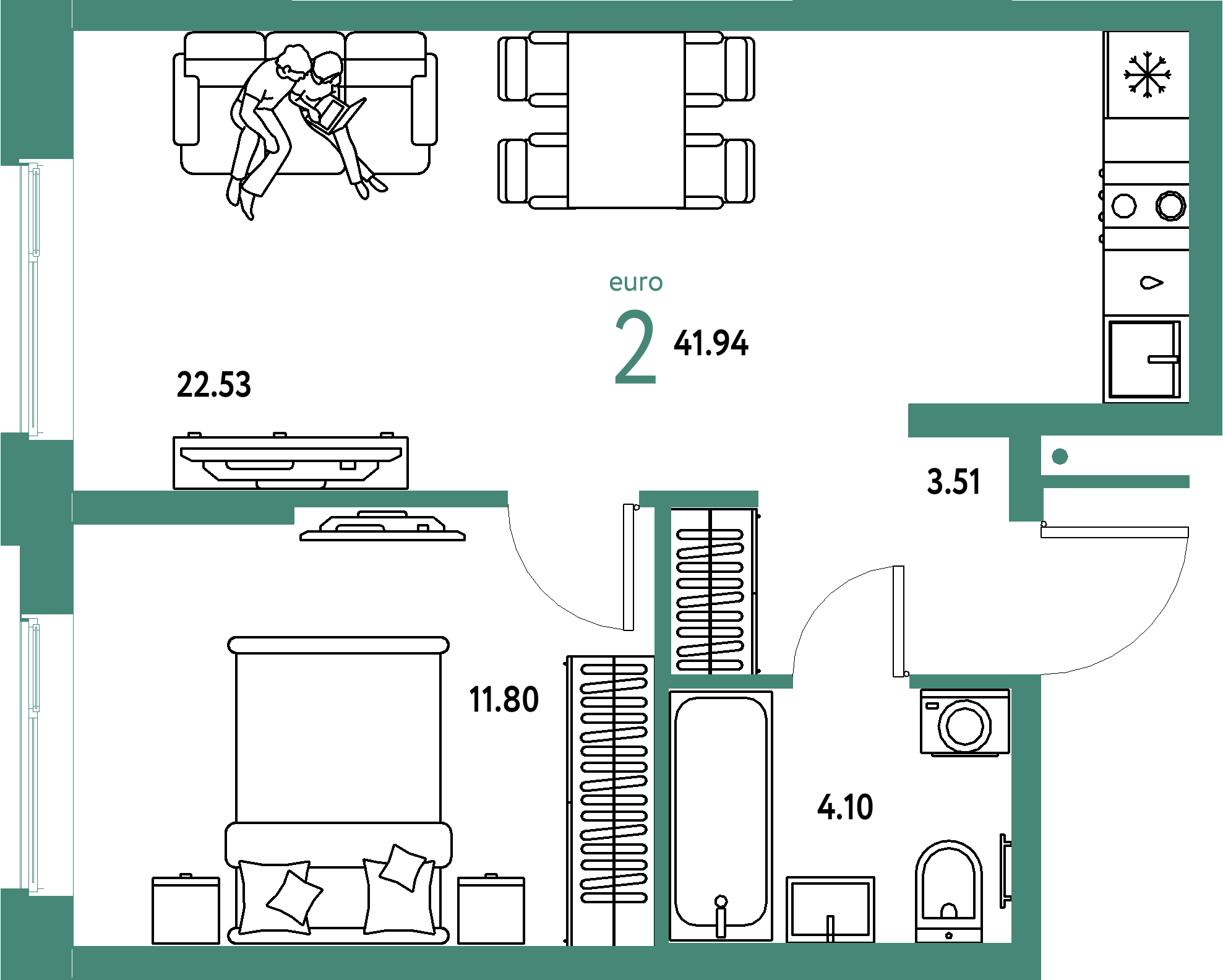 ЖК "Домашний"-2-комнатная 41.94 м²