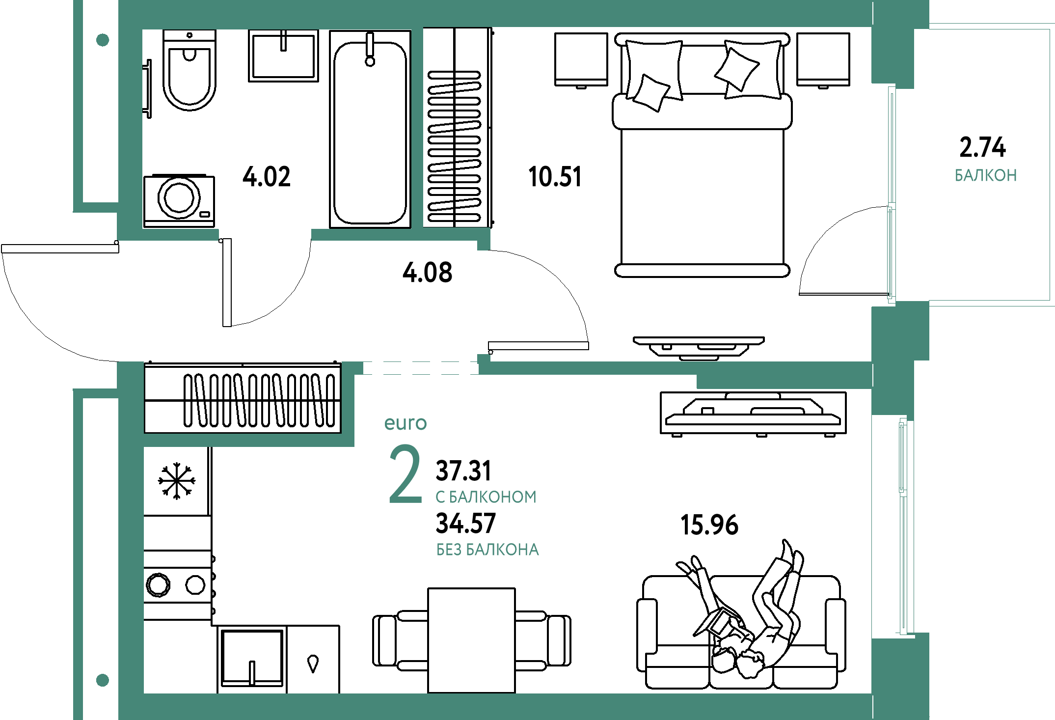 ЖК "Домашний"-2-комнатная 37.31 м²