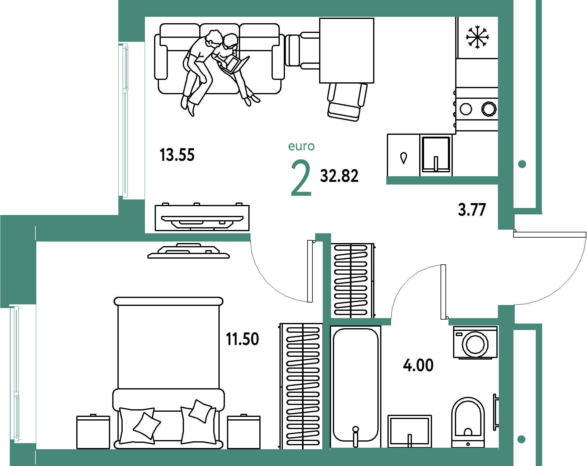 ЖК "Домашний"-2-комнатная 32.82 м²