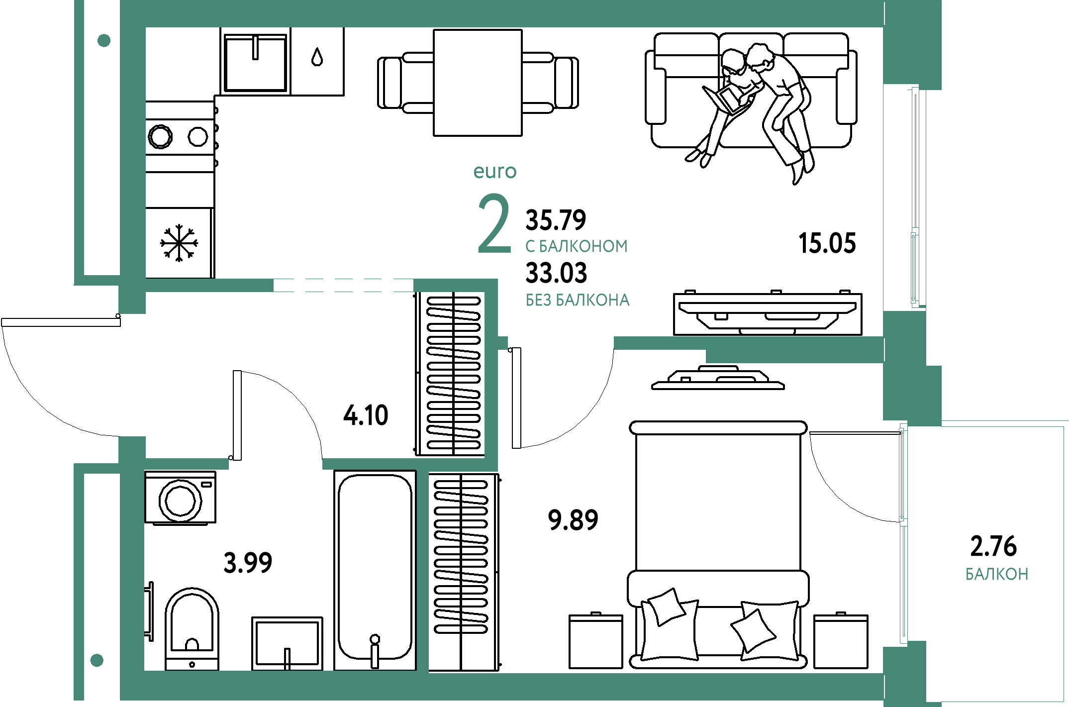 ЖК "Домашний"-2-комнатная 35.79 м²