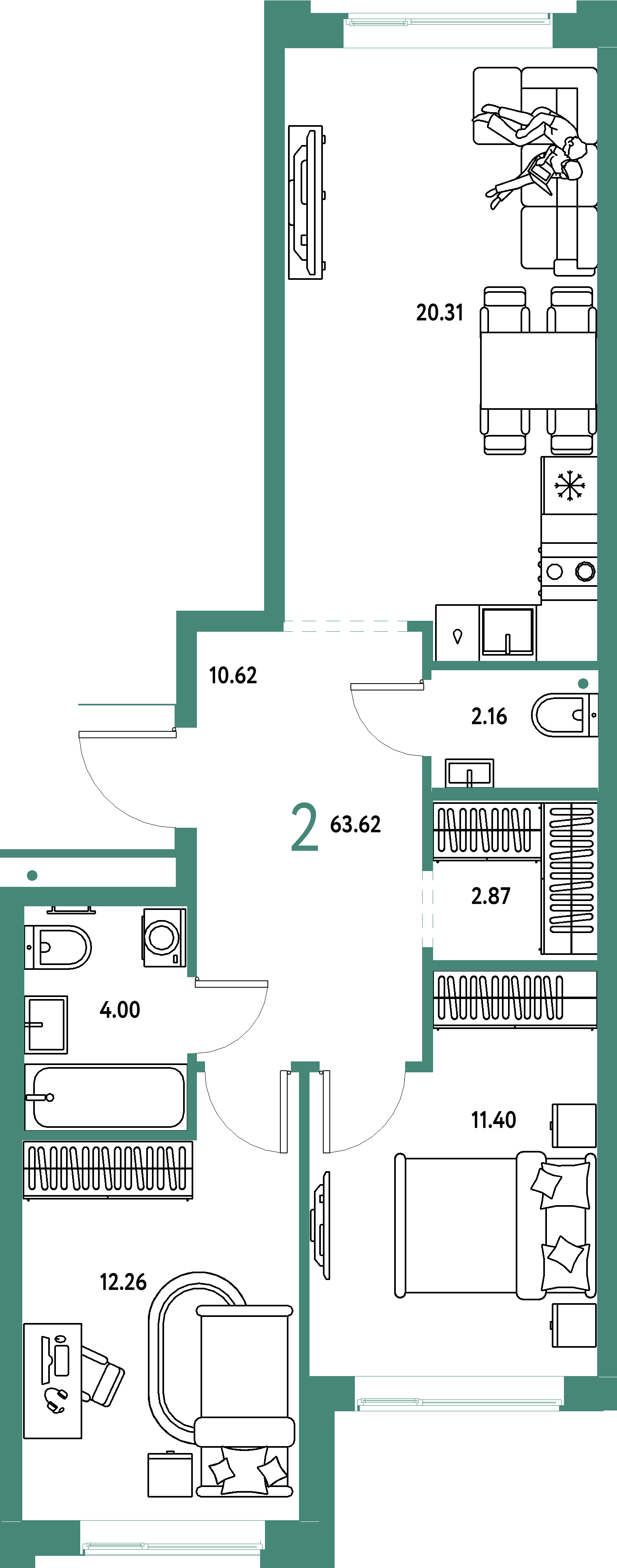 ЖК "Домашний"-2-комнатная 63.62 м²