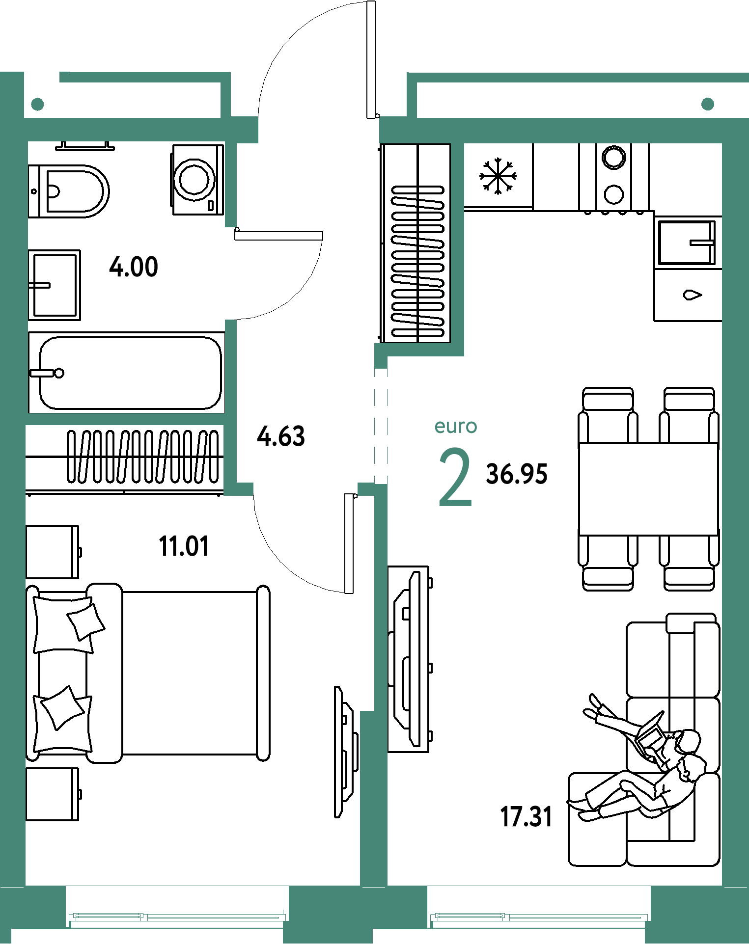 ЖК "Домашний"-2-комнатная 36.95 м²