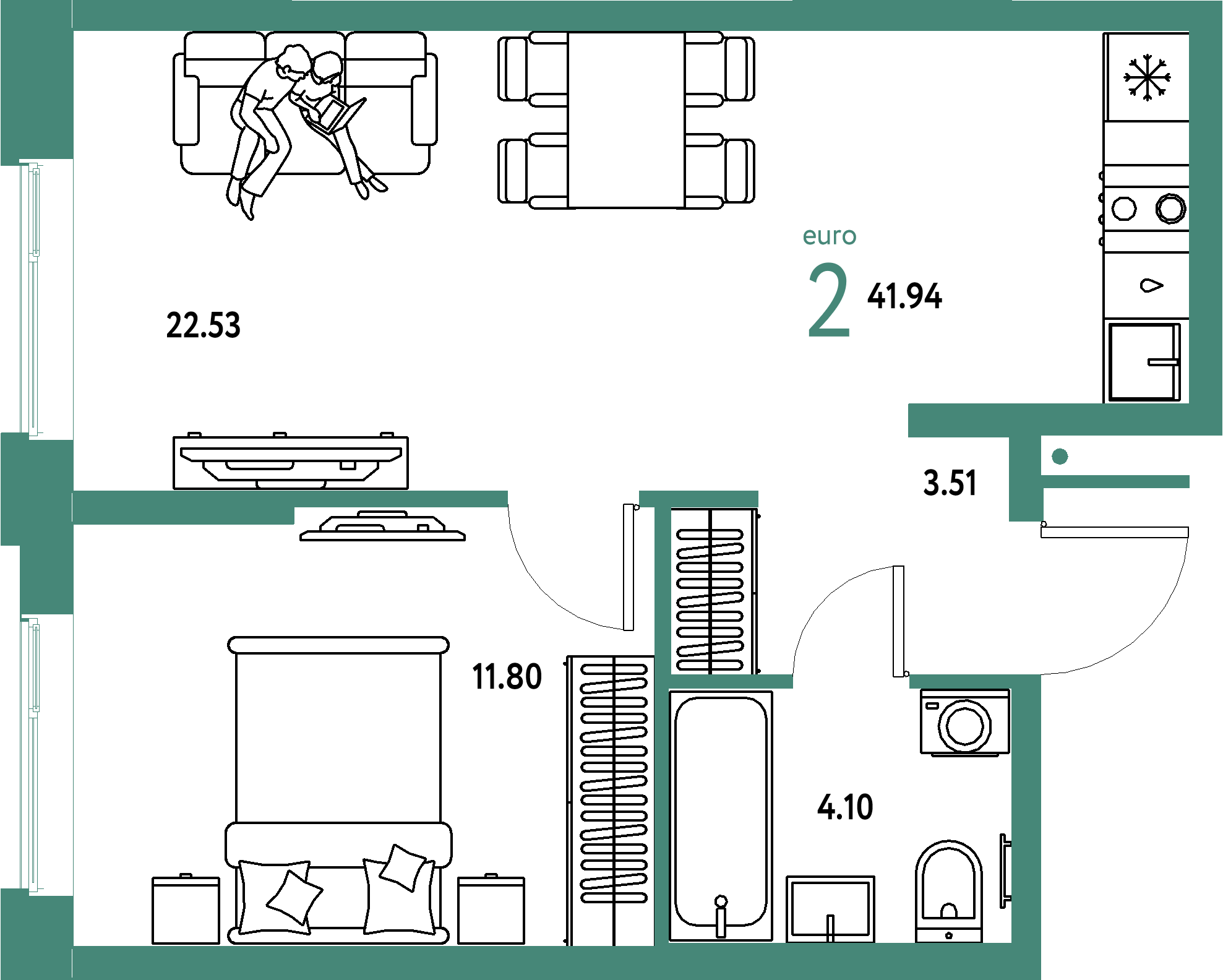 ЖК "Домашний"-2-комнатная 41.94 м²