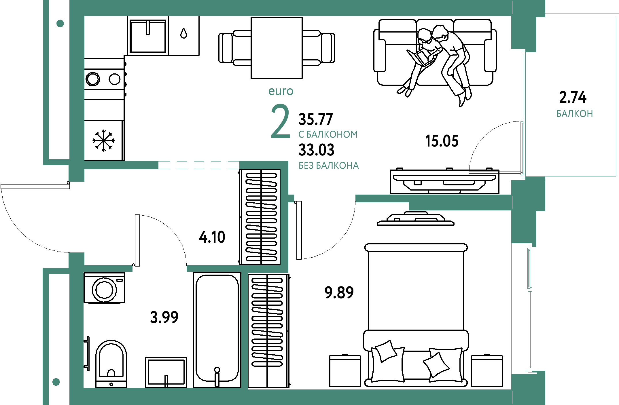 ЖК "Домашний"-2-комнатная 35.77 м²