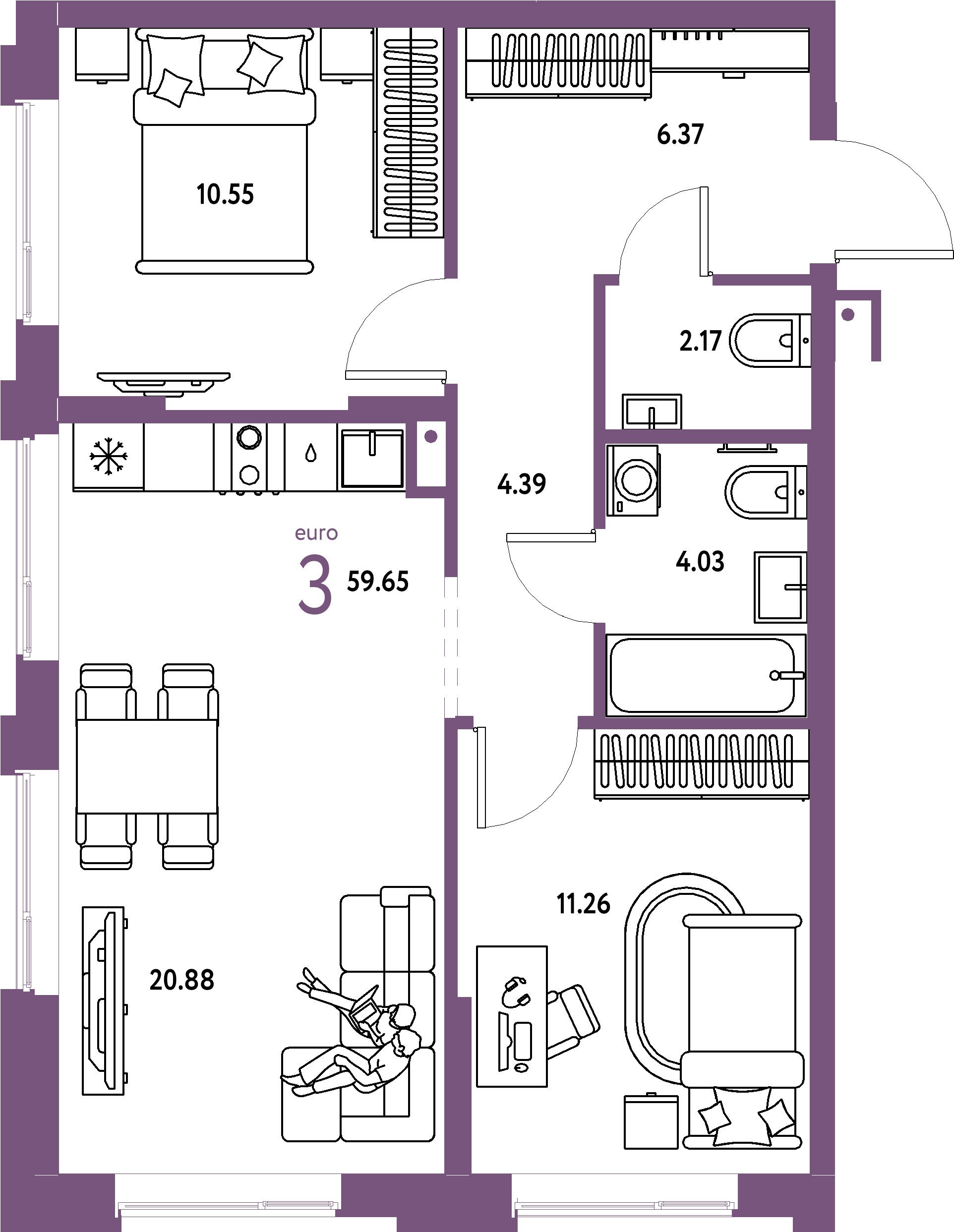ЖК "Домашний"-3-комнатная 59.65 м²